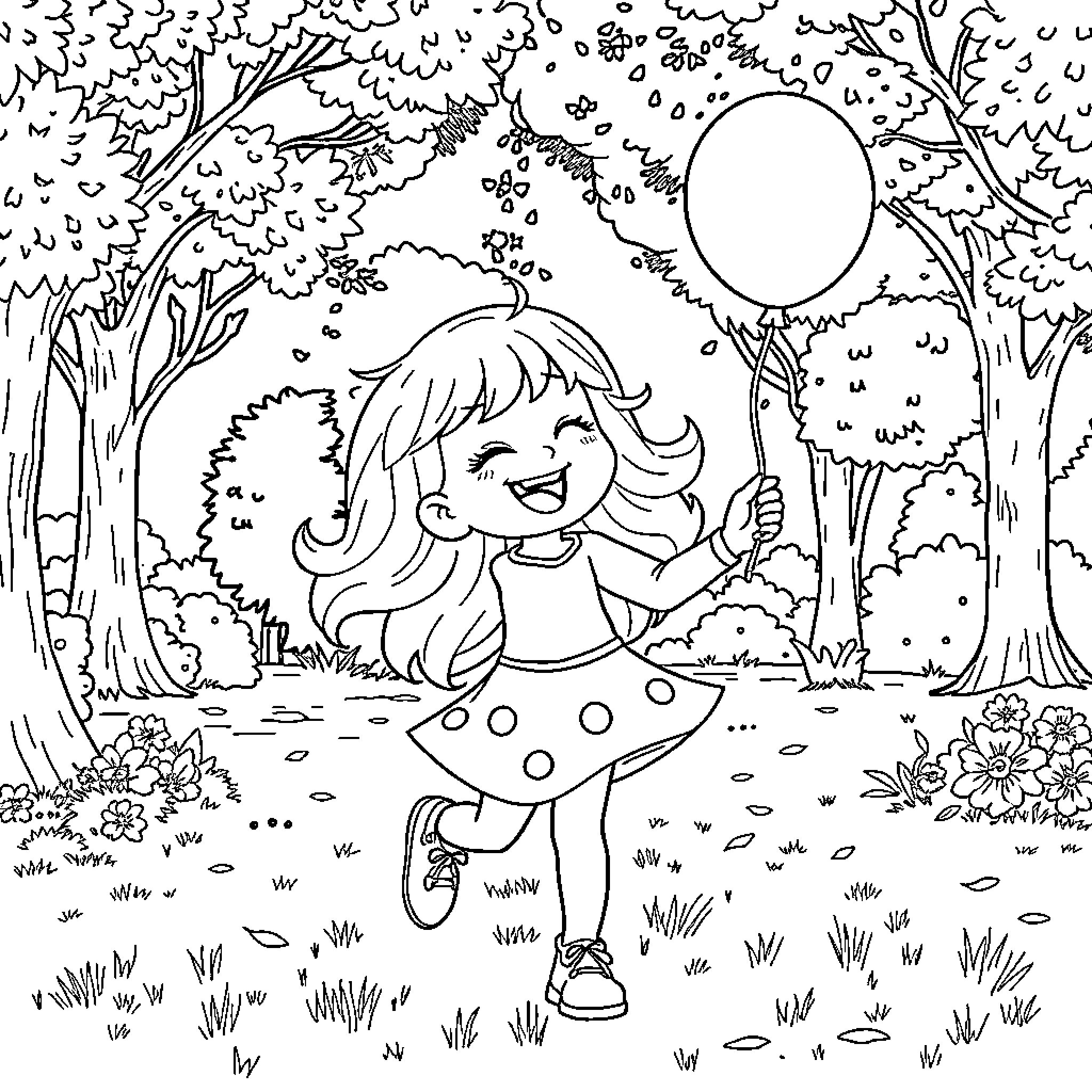 Mira happily playing in the whimsical forest Coloring Page (free black-and-white line drawing printable PDF for all, from beginners to advanced learners, including children, teens, adults, and seniors)