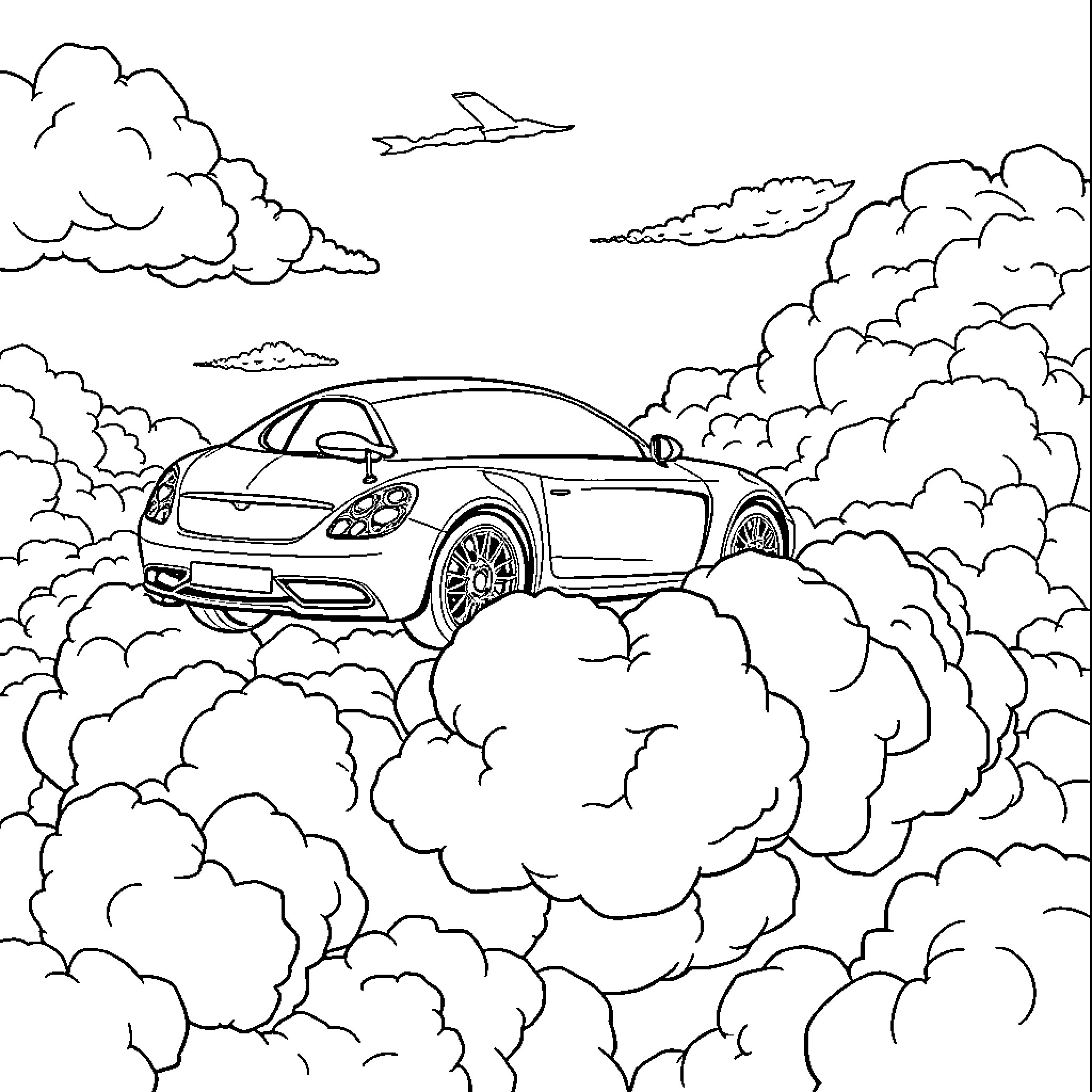 Car floating among clouds in the sky Coloring Page (free black-and-white line drawing printable PDF for all, from beginners to advanced learners, including children, teens, adults, and seniors)