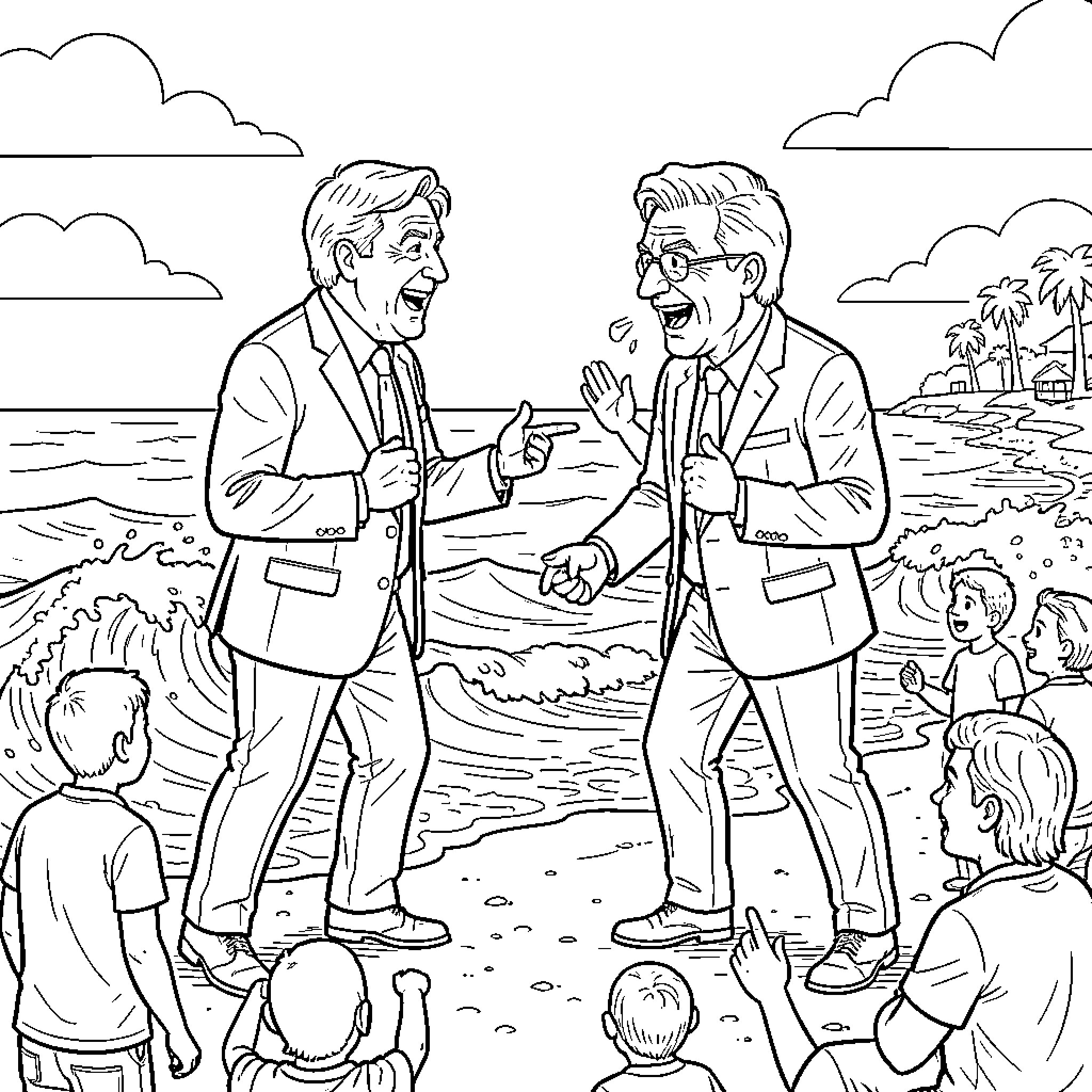 Nigel Farage laughing joyfully on a sunny beach Coloring Page (free black-and-white line drawing printable PDF for all, from beginners to advanced learners, including children, teens, adults, and seniors)