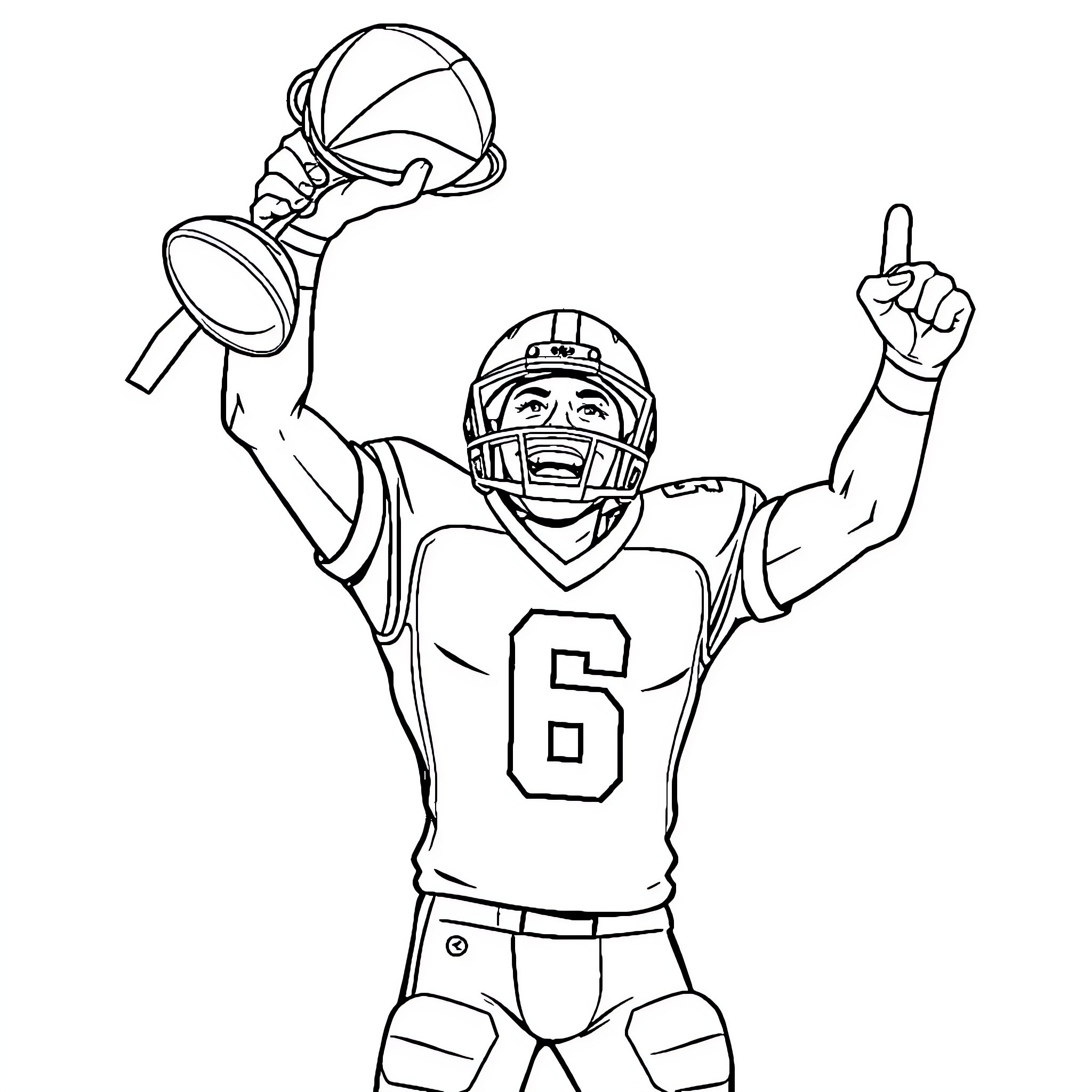 Football Player Celebrating Victory on the Field Coloring Page (free black-and-white line drawing printable PDF for all, from beginners to advanced learners, including children, teens, adults, and seniors)