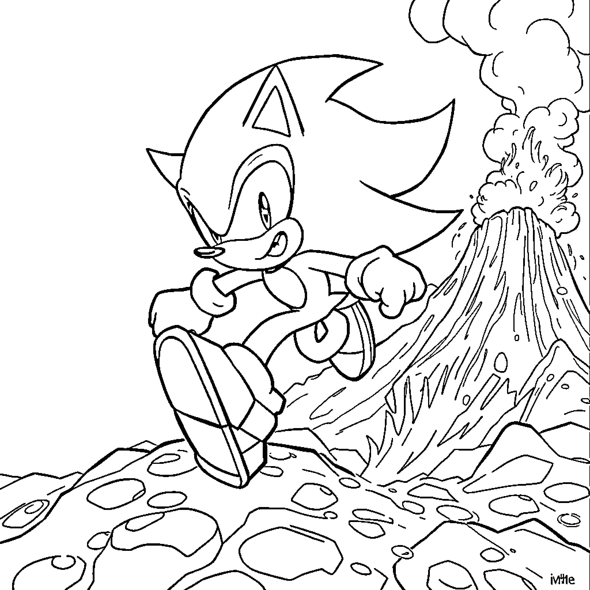 Shadow of Speedy Sonic running through the volcanic landscape Coloring Page (free black-and-white line drawing printable PDF for all, from beginners to advanced learners, including children, teens, adults, and seniors)