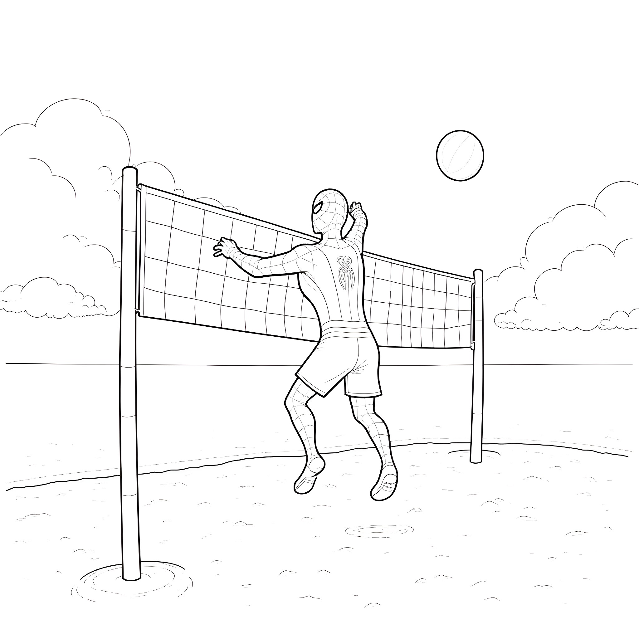 Spider-Man playing volleyball in the park Coloring Page (free black-and-white line drawing printable PDF for all, from beginners to advanced learners, including children, teens, adults, and seniors)