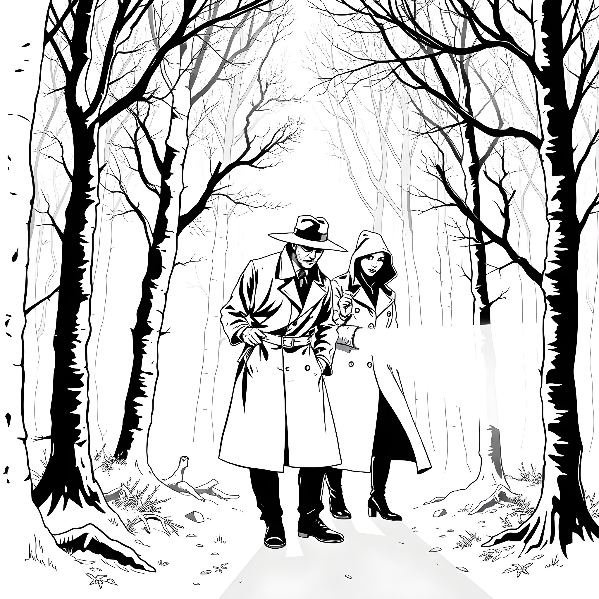 X Files: Mysterious figures in the shadowy forest Coloring Page (free black-and-white line drawing printable PDF for all, from beginners to advanced learners, including children, teens, adults, and seniors)