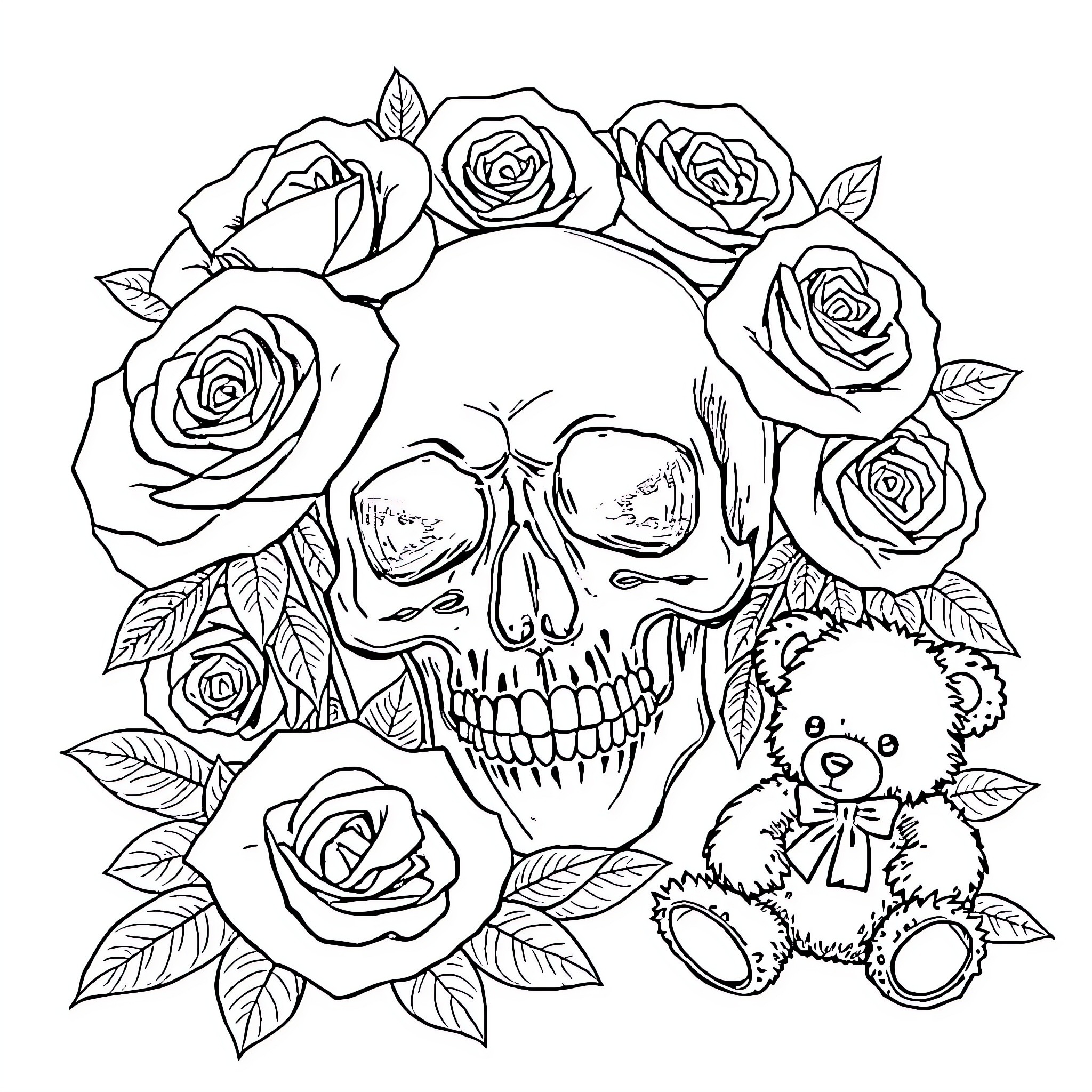 Skull surrounded by blooming roses and teddy bear Coloring Page (free black-and-white line drawing printable PDF for all, from beginners to advanced learners, including children, teens, adults, and seniors)