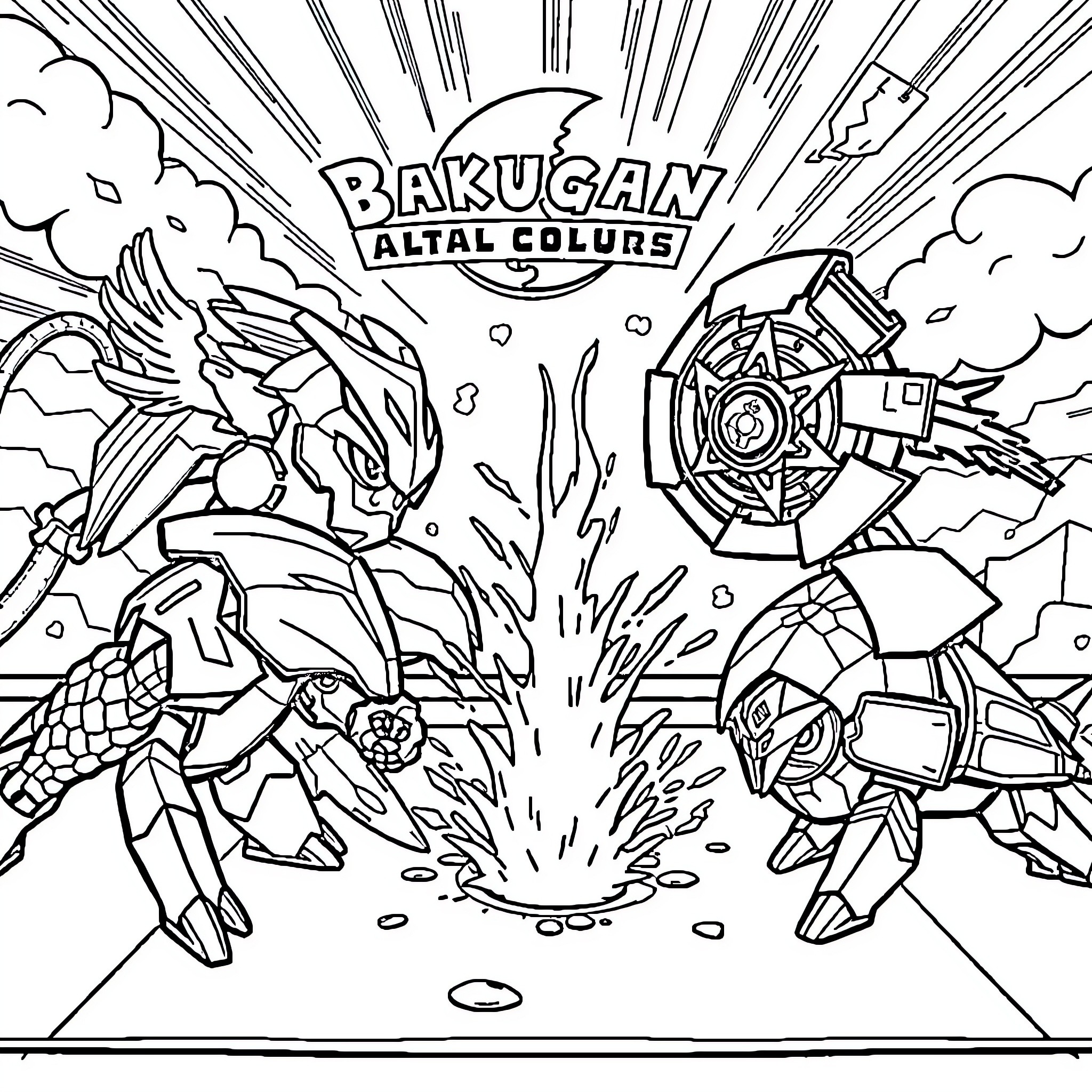 Bakugan battle with transforming robotic creatures Coloring Page (free black-and-white line drawing printable PDF for all, from beginners to advanced learners, including children, teens, adults, and seniors)