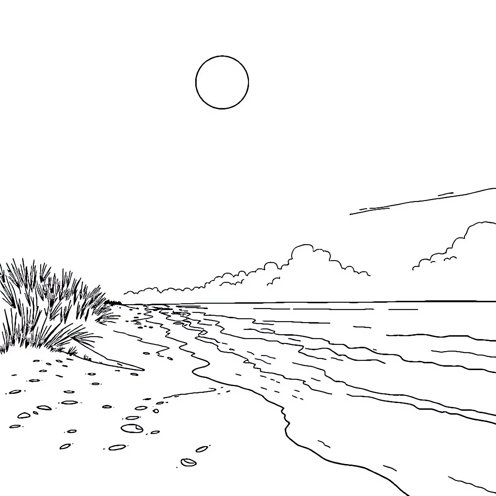 Beach scene with waves and clouds Coloring Page (free black-and-white line drawing printable PDF for all, from beginners to advanced learners, including children, teens, adults, and seniors)