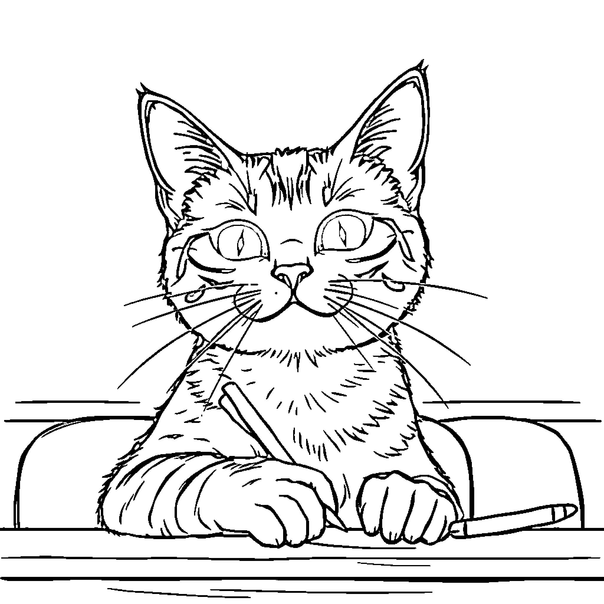 Cat in contemplative pose Coloring Page (free black-and-white line drawing printable PDF for all, from beginners to advanced learners, including children, teens, adults, and seniors)