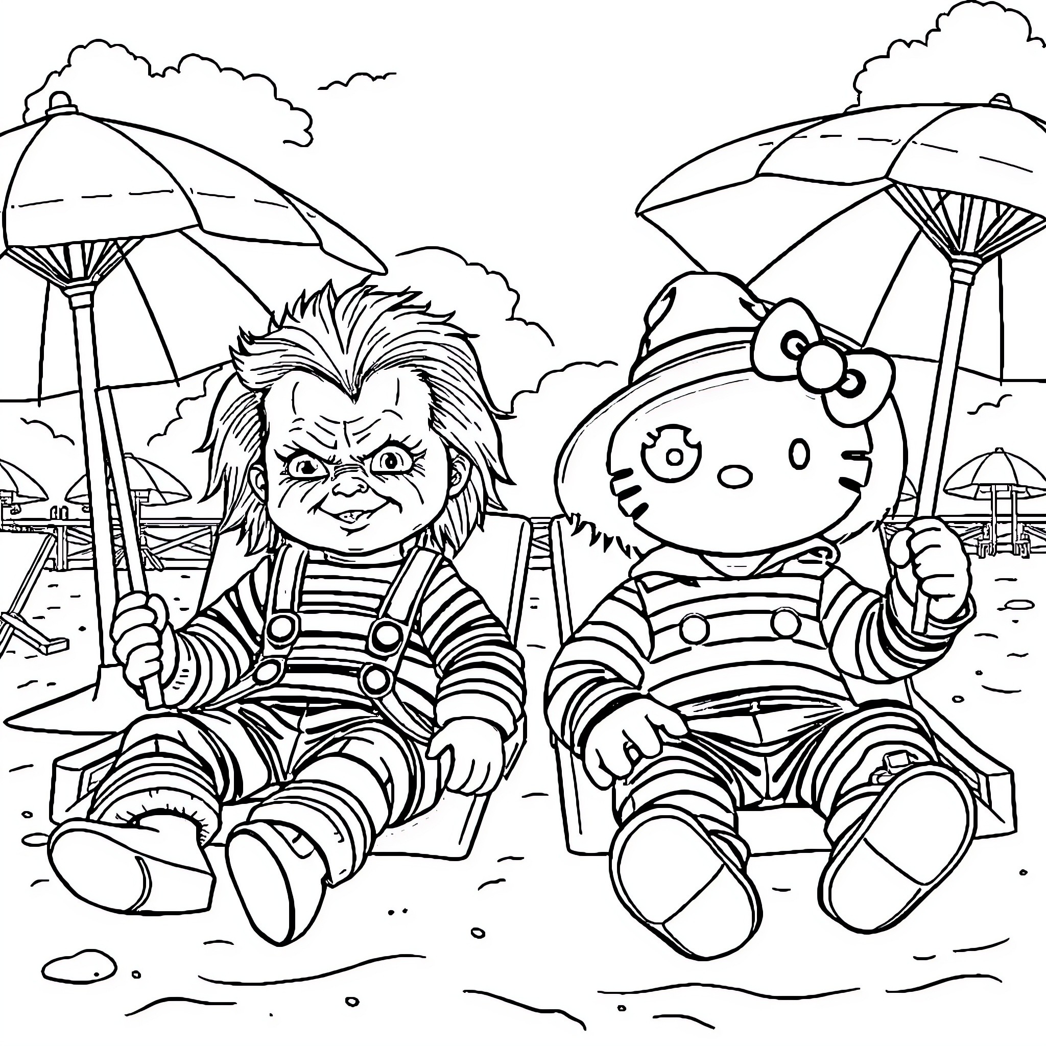 Chucky and Hello Kitty at the Beach Coloring Page (free black-and-white line drawing printable PDF for all, from beginners to advanced learners, including children, teens, adults, and seniors)