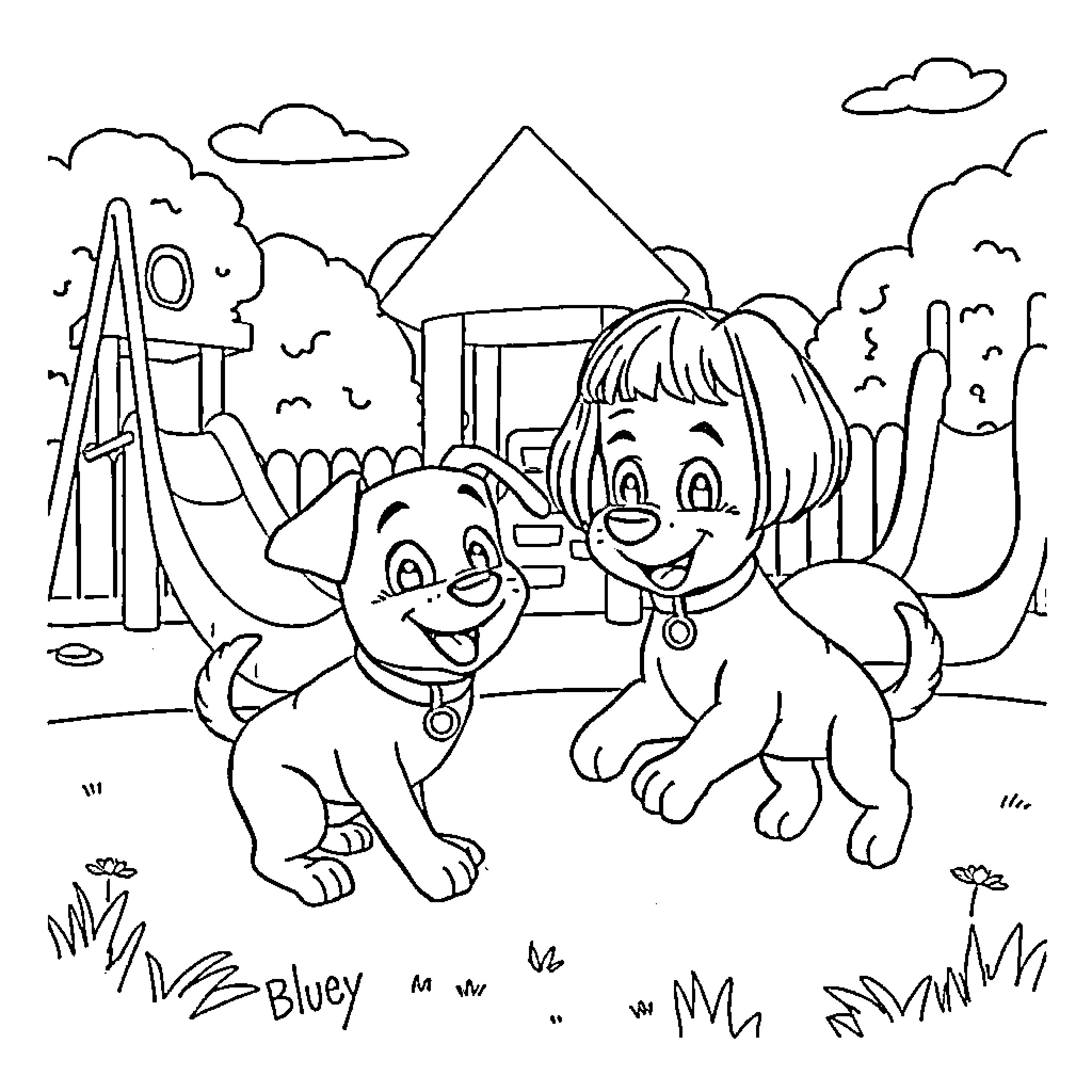 Bingo of a Girl and Her Dog Enjoying the Outdoors Coloring Page (free black-and-white line drawing printable PDF for all, from beginners to advanced learners, including children, teens, adults, and seniors)