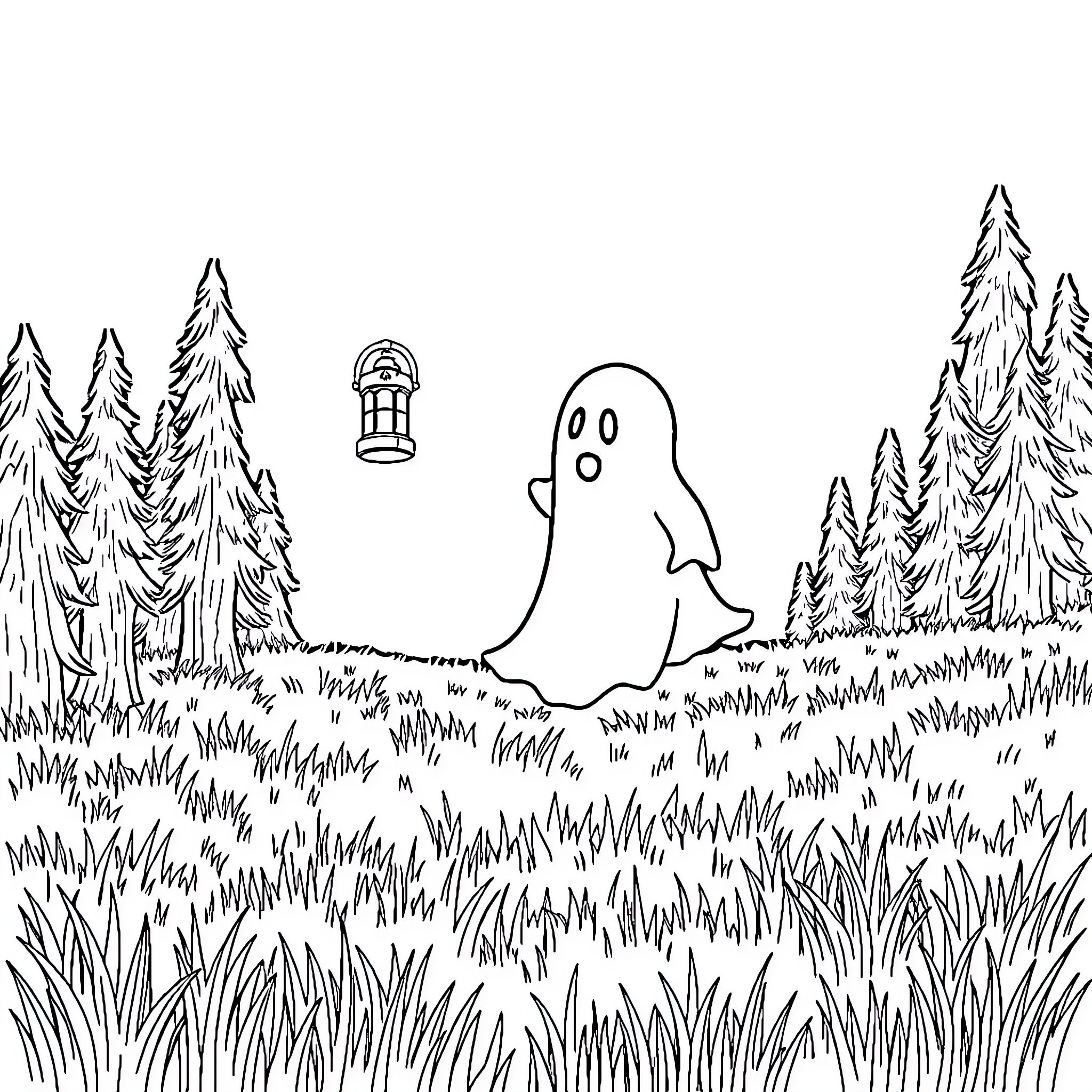 Ghost wandering curiously in the haunted forest Coloring Page (free black-and-white line drawing printable PDF for all, from beginners to advanced learners, including children, teens, adults, and seniors)