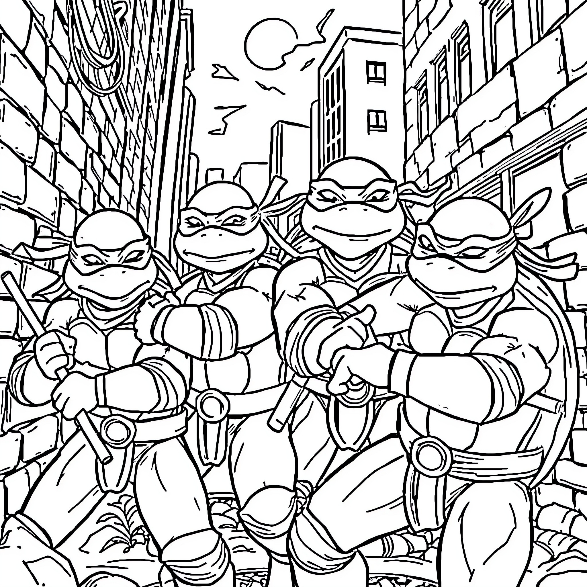 Teenage Mutant Ninja Turtles in action-packed urban scene Coloring Page (free black-and-white line drawing printable PDF for all, from beginners to advanced learners, including children, teens, adults, and seniors)