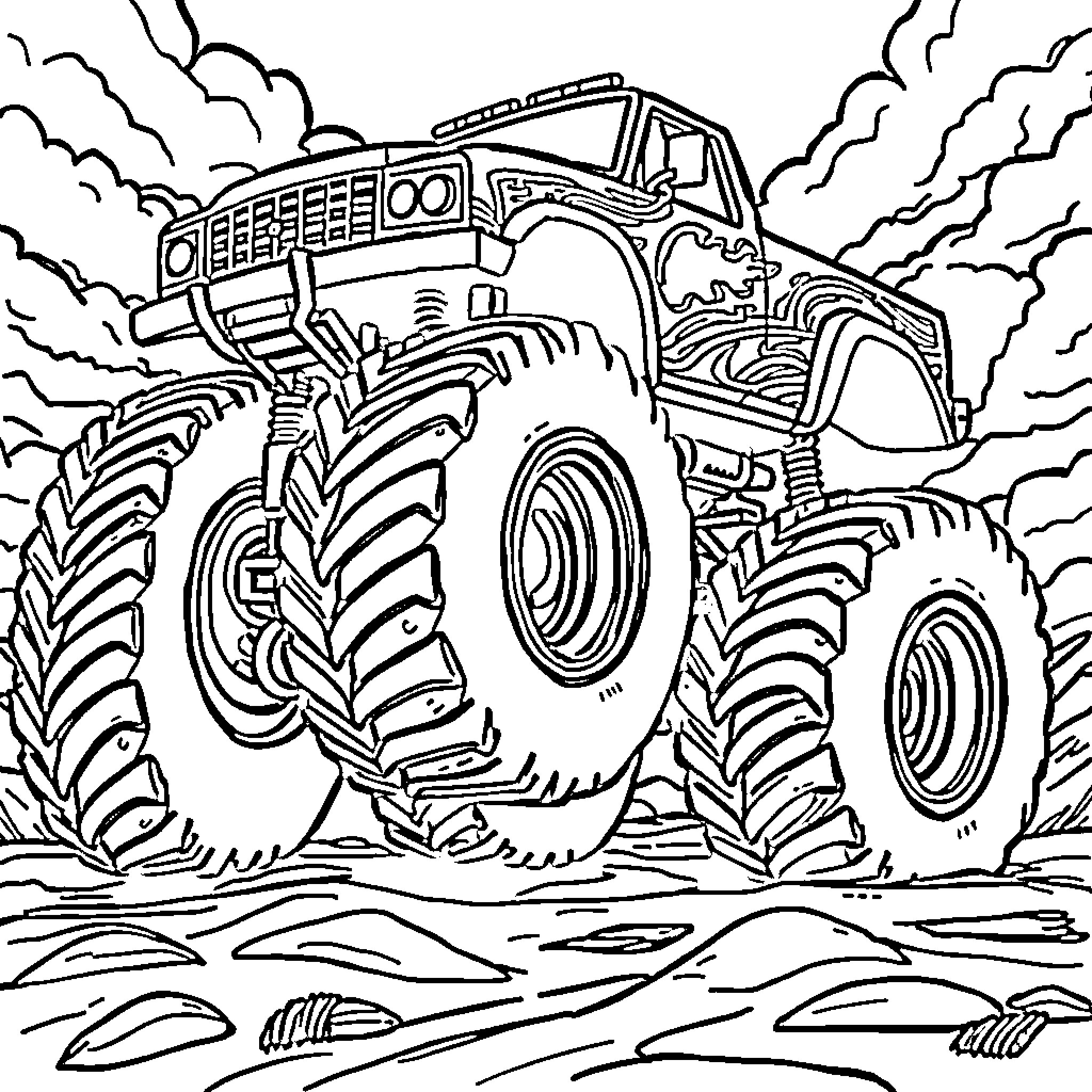 Monster Truck Conquering Muddy Terrain Coloring Page (free black-and-white line drawing printable PDF for all, from beginners to advanced learners, including children, teens, adults, and seniors)