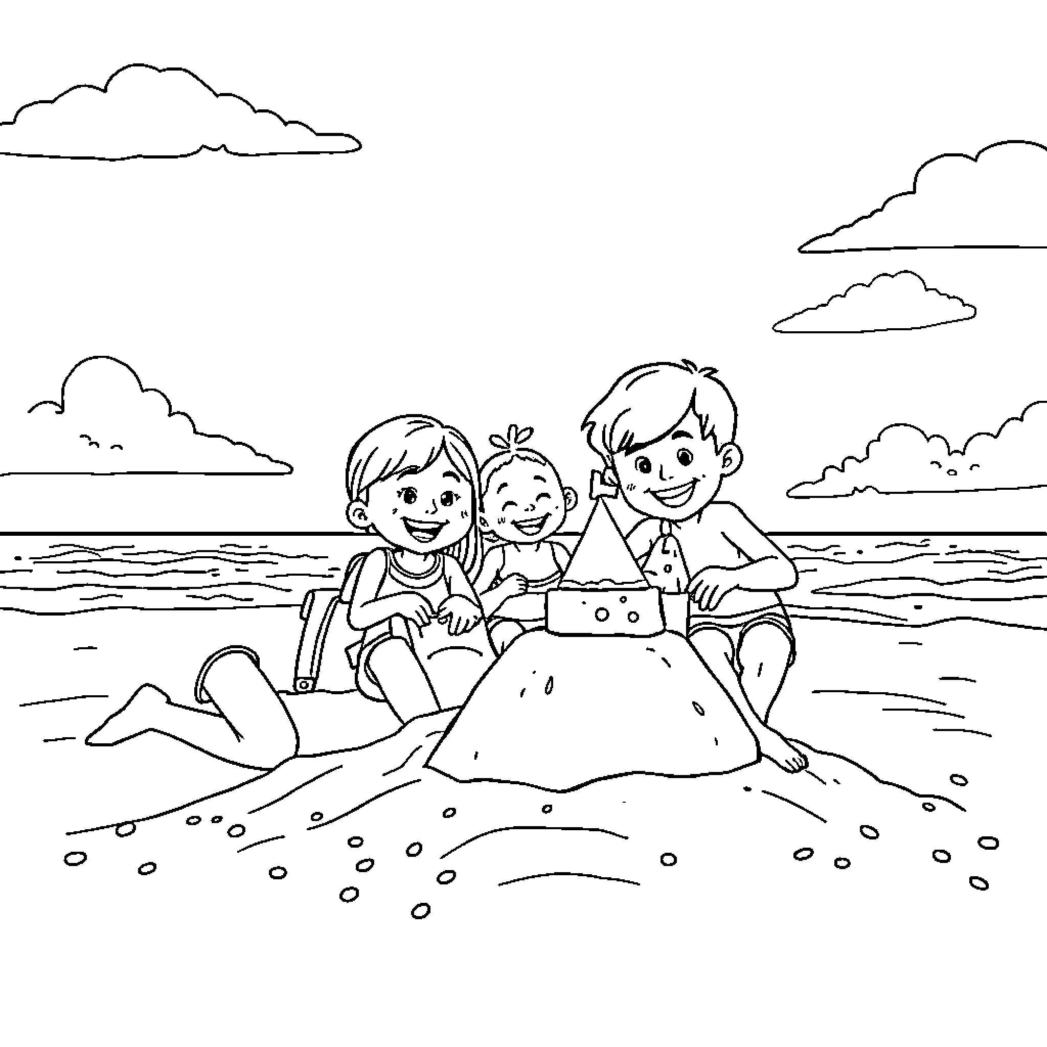 Family enjoying a day at the beach Coloring Page (free black-and-white line drawing printable PDF for all, from beginners to advanced learners, including children, teens, adults, and seniors)