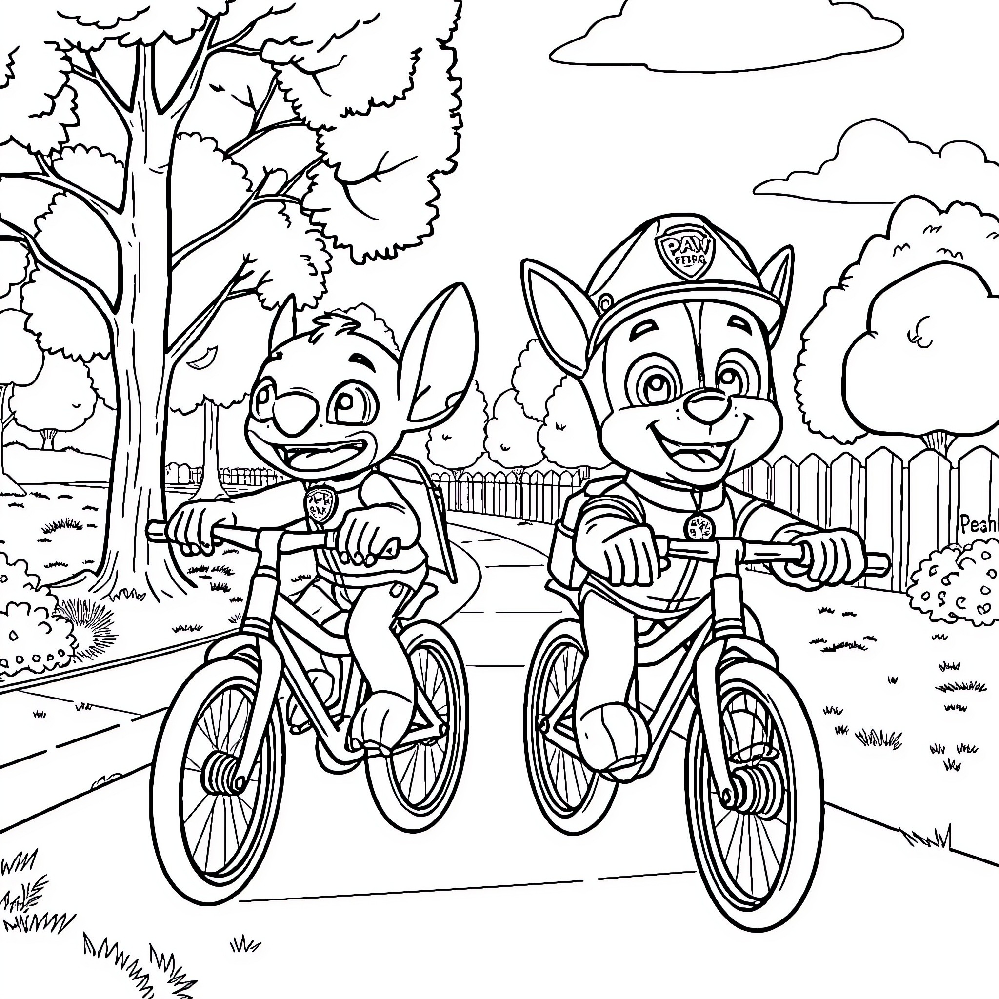 Stitch and Friend's Bicycle Adventure Coloring Page (free black-and-white line drawing printable PDF for all, from beginners to advanced learners, including children, teens, adults, and seniors)