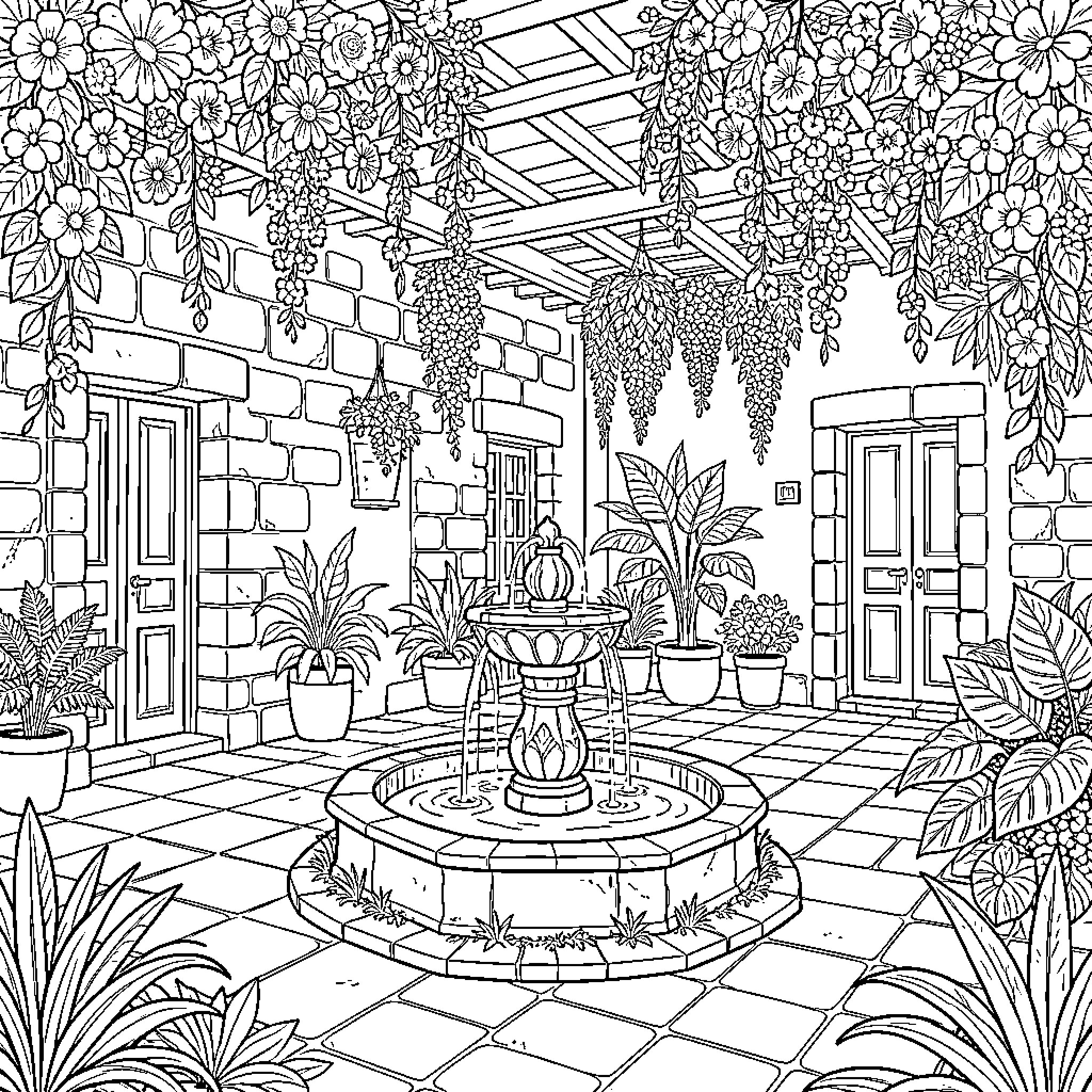 Patio of Tranquil Oasis with Lush Foliage Coloring Page (free black-and-white line drawing printable PDF for all, from beginners to advanced learners, including children, teens, adults, and seniors)