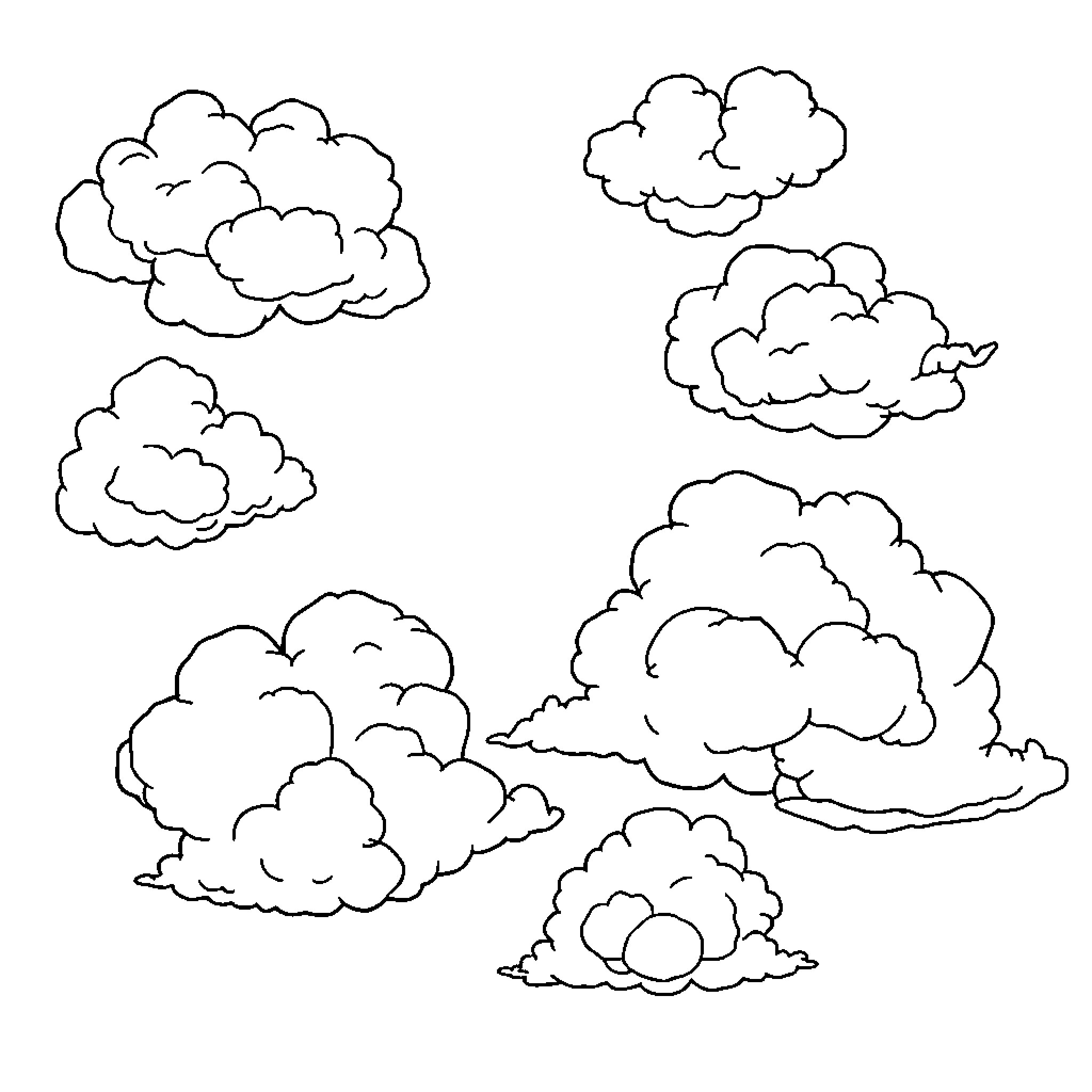 Sky filled with whimsical cloud formations Coloring Page (free black-and-white line drawing printable PDF for all, from beginners to advanced learners, including children, teens, adults, and seniors)