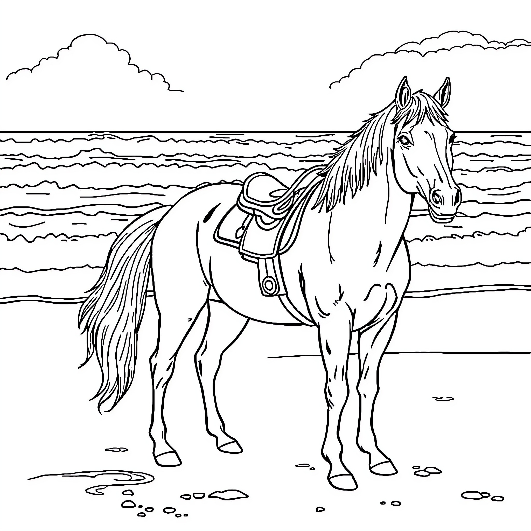 Horse standing by the ocean Coloring Page (free black-and-white line drawing printable PDF for all, from beginners to advanced learners, including children, teens, adults, and seniors)