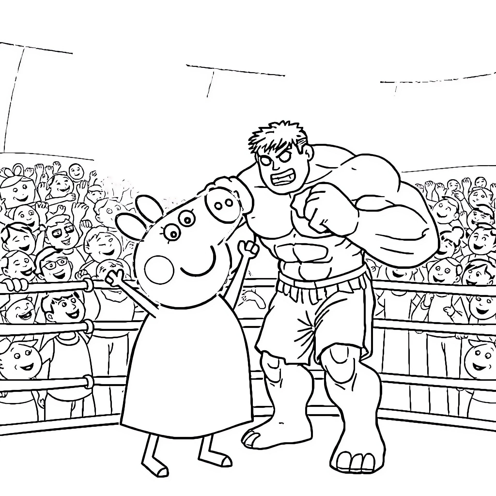 Hulk wrestling with cartoon character in arena Coloring Page (free black-and-white line drawing printable PDF for all, from beginners to advanced learners, including children, teens, adults, and seniors)