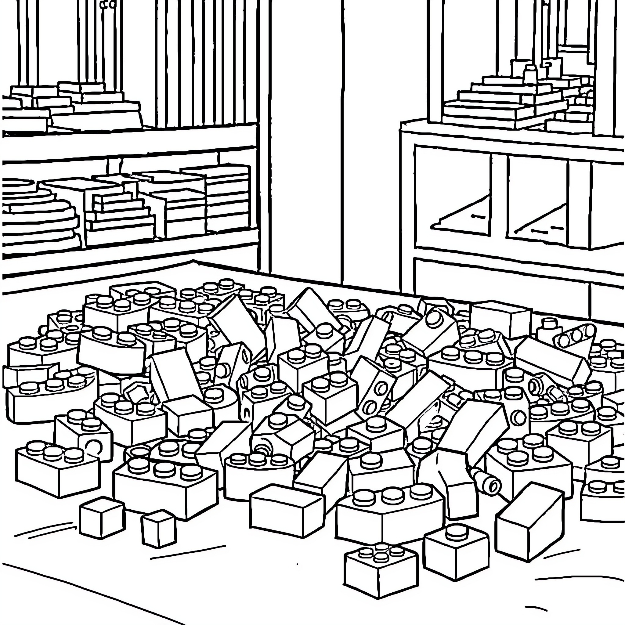 Lego pieces scattered on the floor in a messy scene Coloring Page (free black-and-white line drawing printable PDF for all, from beginners to advanced learners, including children, teens, adults, and seniors)