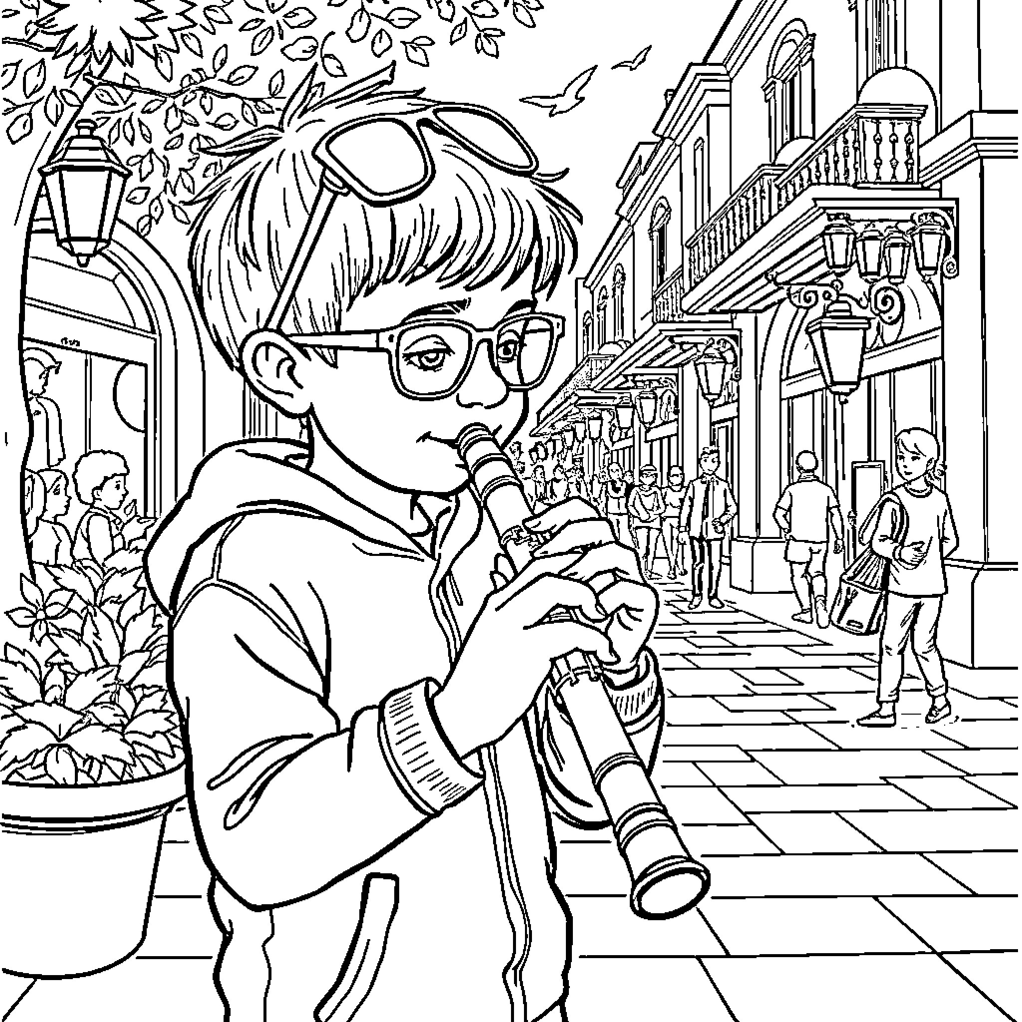 Child exploring a vibrant city street Coloring Page (free black-and-white line drawing printable PDF for all, from beginners to advanced learners, including children, teens, adults, and seniors)