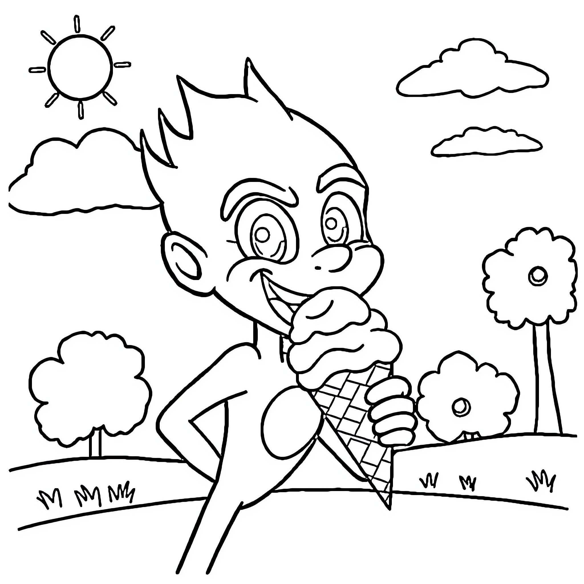 Flash Enjoying Ice Cream on a Sunny Day Coloring Page (free black-and-white line drawing printable PDF for all, from beginners to advanced learners, including children, teens, adults, and seniors)