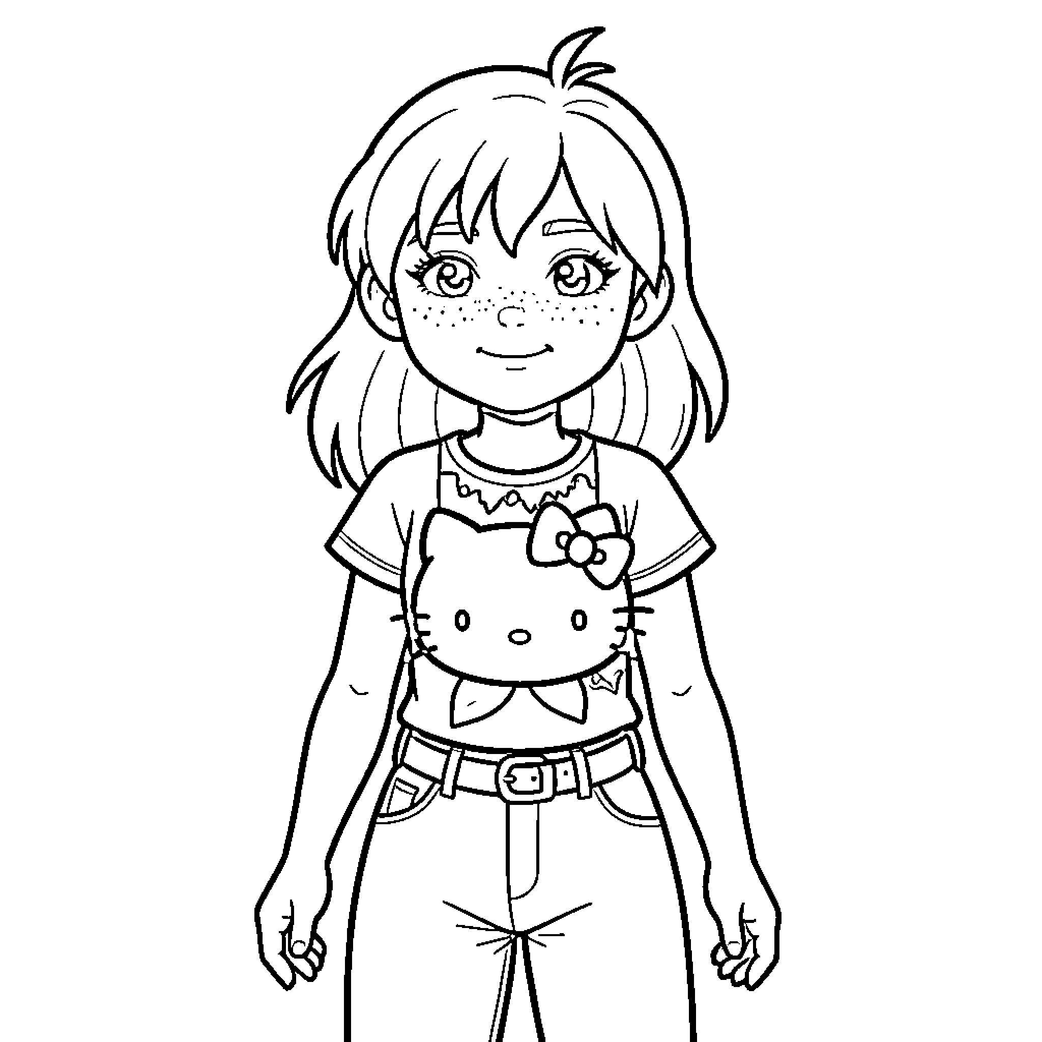 Girl in cute outfit with Hello Kitty design Coloring Page (free black-and-white line drawing printable PDF for all, from beginners to advanced learners, including children, teens, adults, and seniors)