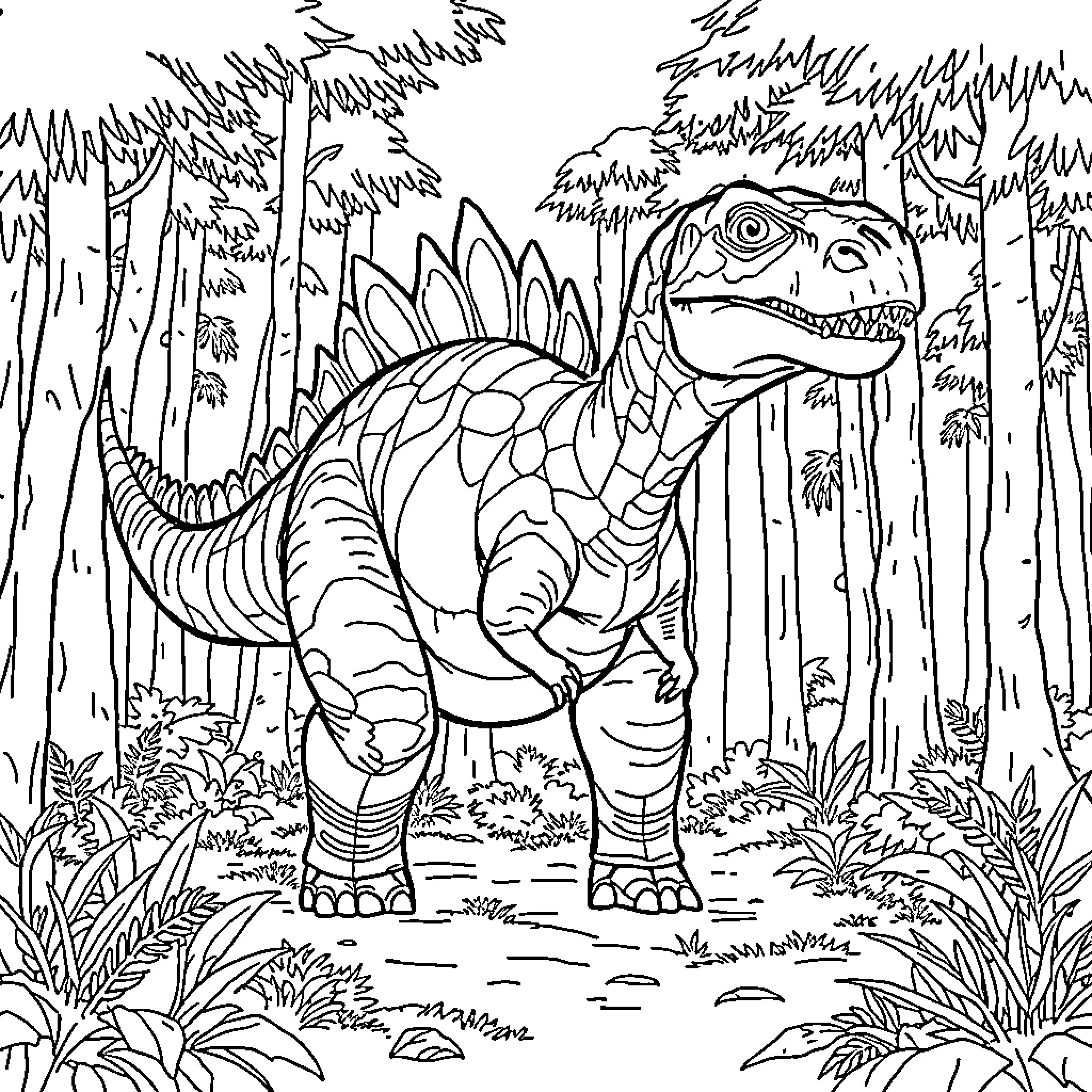 Dinosaur roaming through a lush forest landscape Coloring Page (free black-and-white line drawing printable PDF for all, from beginners to advanced learners, including children, teens, adults, and seniors)
