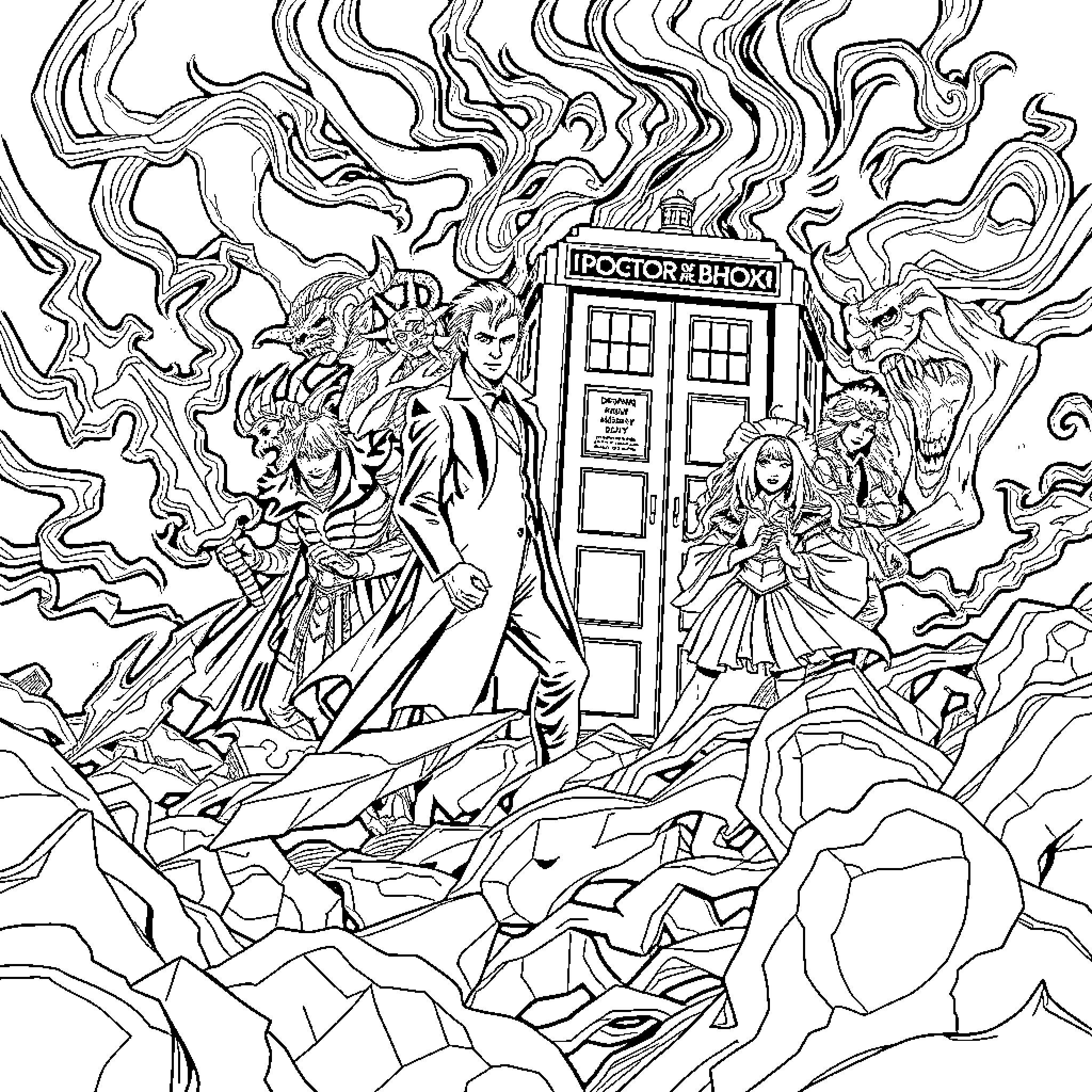 Doctor Facing Supernatural Forces in the Unknown Coloring Page (free black-and-white line drawing printable PDF for all, from beginners to advanced learners, including children, teens, adults, and seniors)