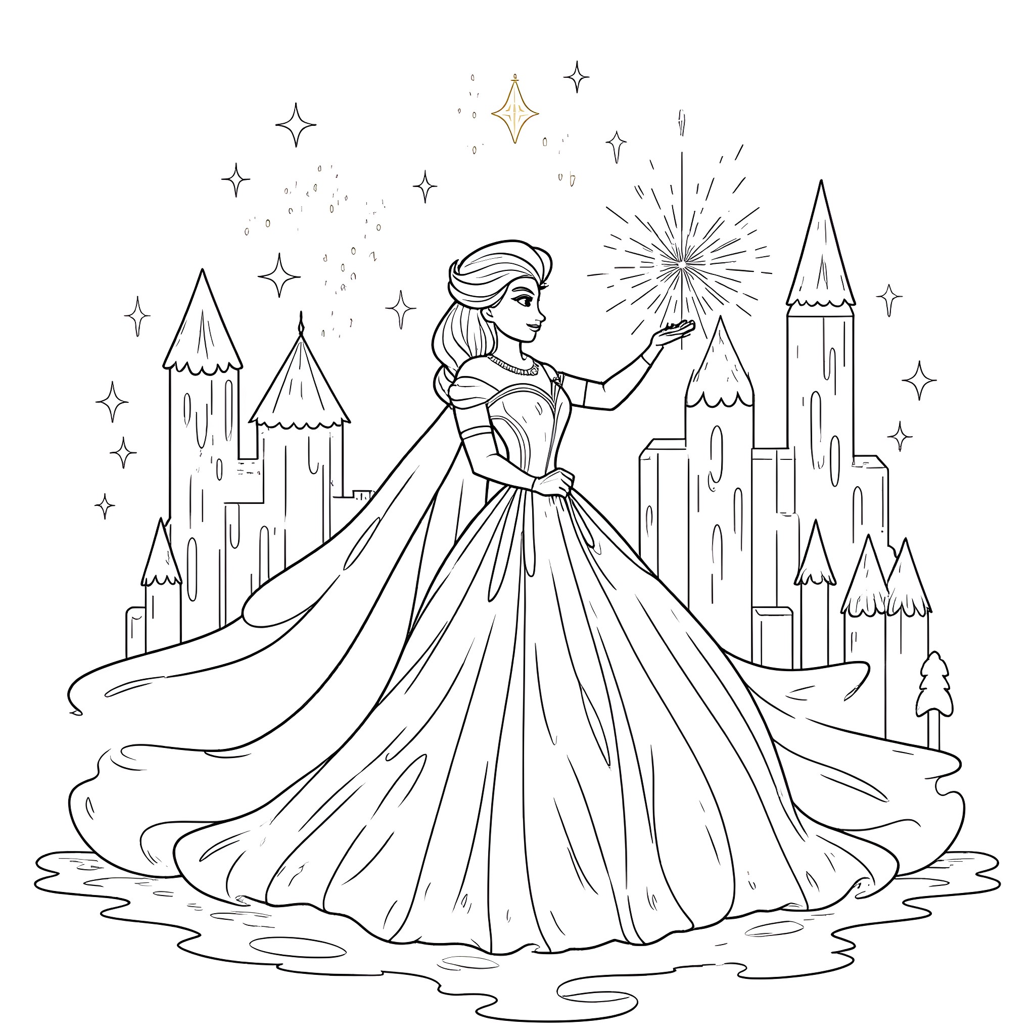 Elsa conjuring magical winter wonderland Coloring Page (free black-and-white line drawing printable PDF for all, from beginners to advanced learners, including children, teens, adults, and seniors)