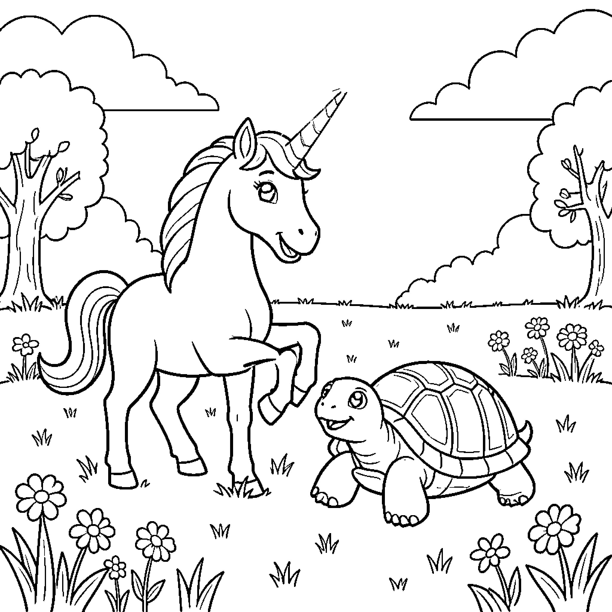 Unicorn and Turtle in Magical Meadow Coloring Page (free black-and-white line drawing printable PDF for all, from beginners to advanced learners, including children, teens, adults, and seniors)
