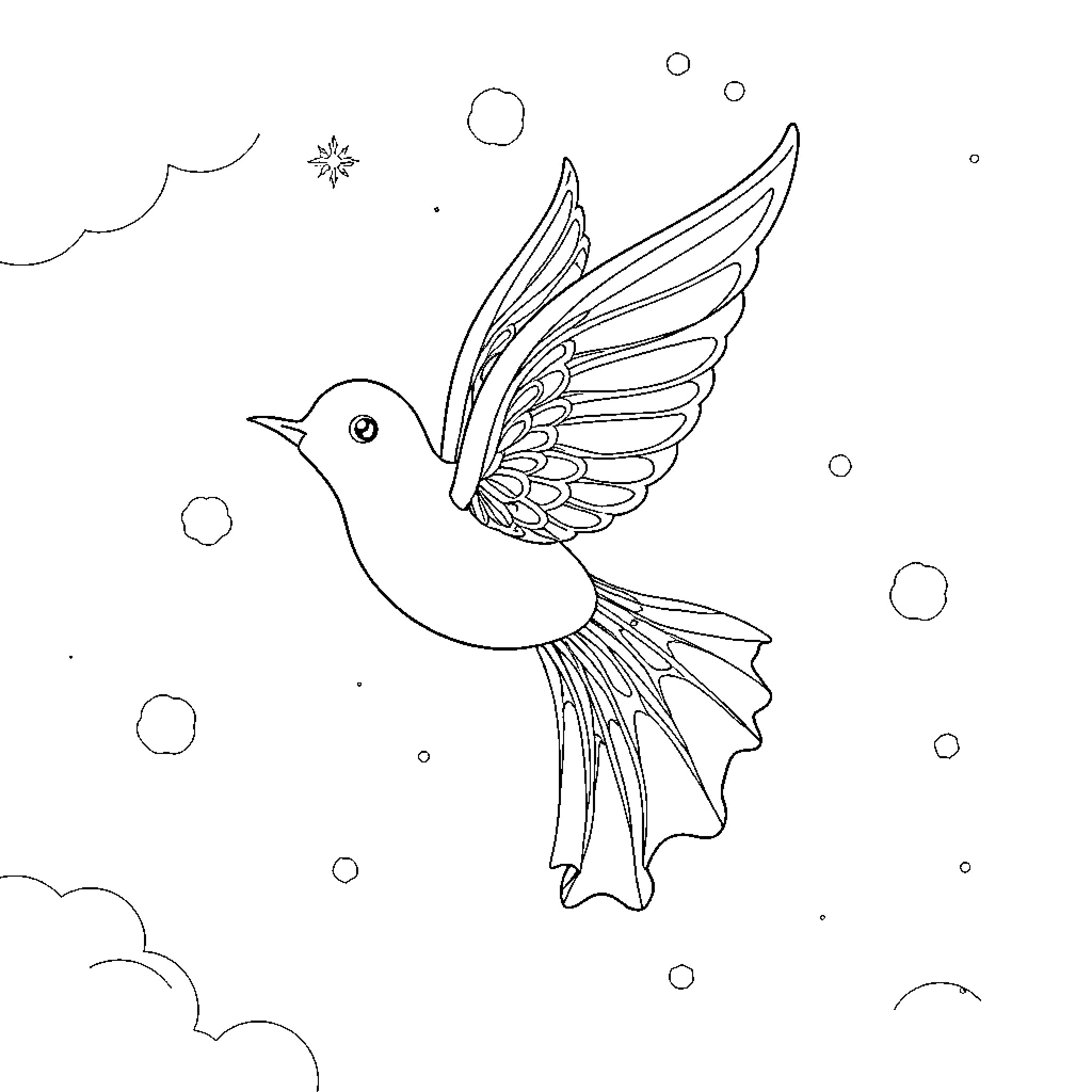 Teapot with a flying bird in the sky Coloring Page (free black-and-white line drawing printable PDF for all, from beginners to advanced learners, including children, teens, adults, and seniors)
