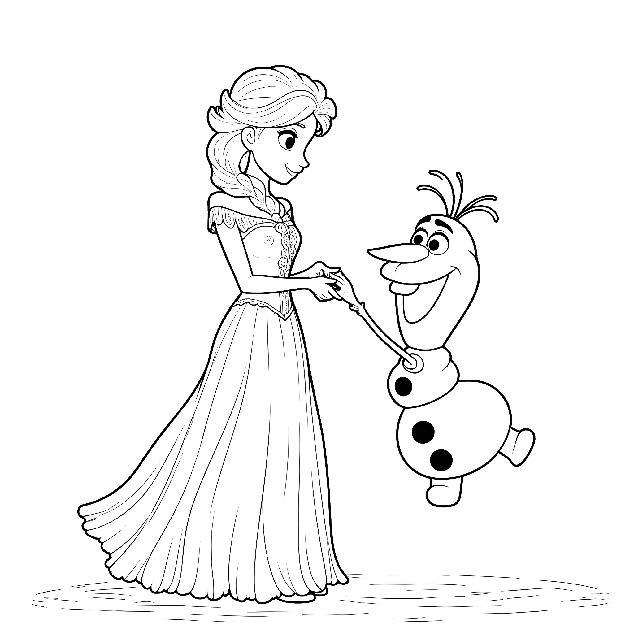 Elsa standing with her companion Olaf Coloring Page (free black-and-white line drawing printable PDF for all, from beginners to advanced learners, including children, teens, adults, and seniors)
