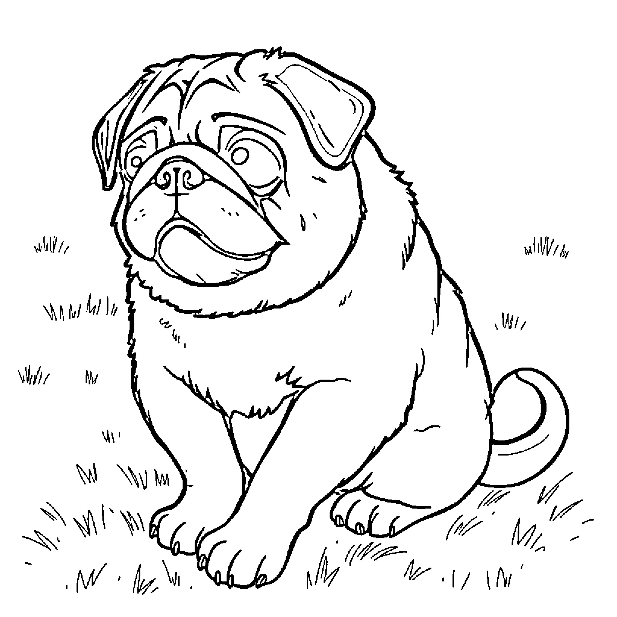 Pug sitting on grassy field Coloring Page (free black-and-white line drawing printable PDF for all, from beginners to advanced learners, including children, teens, adults, and seniors)