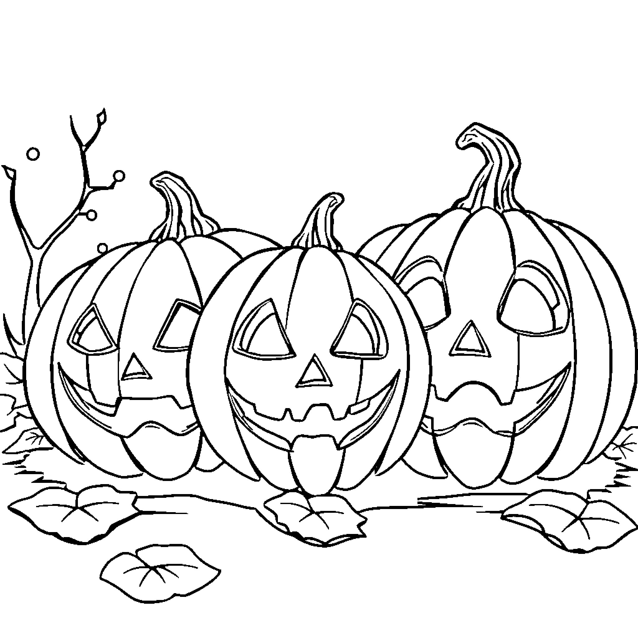 Pumpkins with Jack-o'-lantern faces in Halloween scene Coloring Page (free black-and-white line drawing printable PDF for all, from beginners to advanced learners, including children, teens, adults, and seniors)