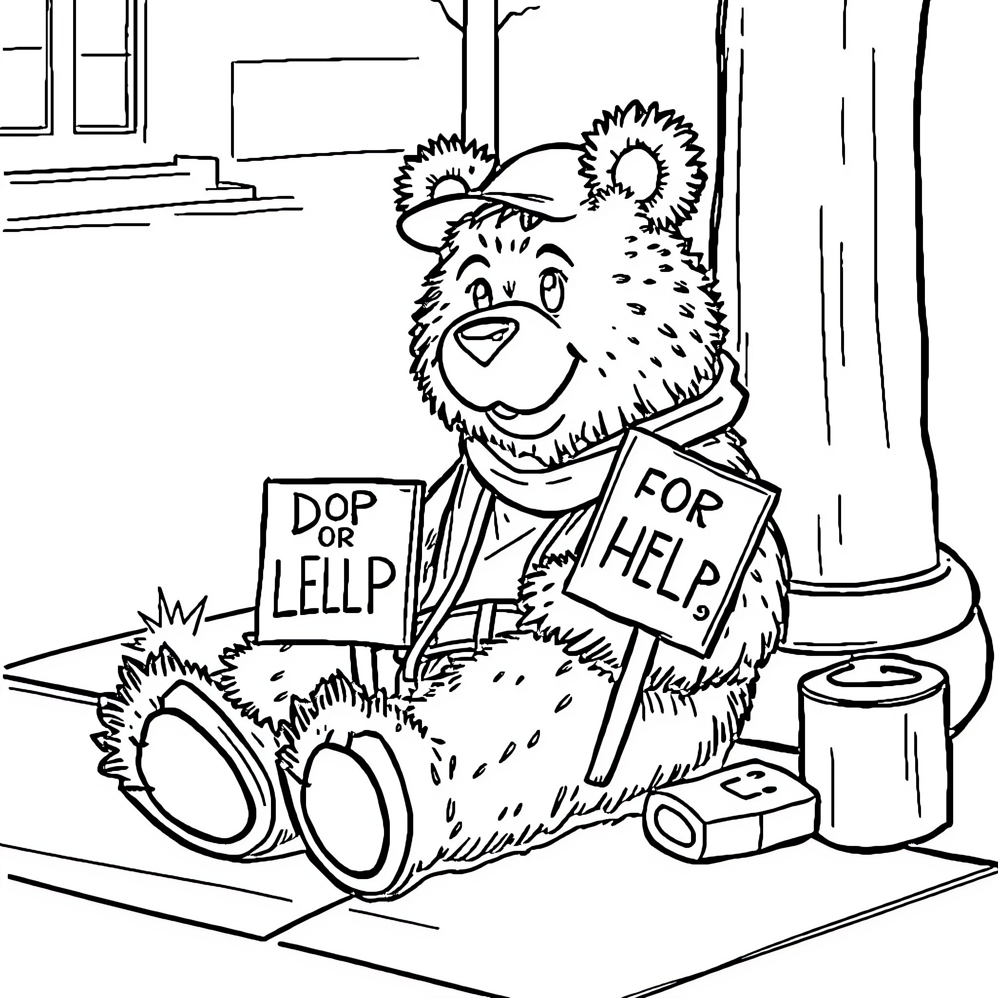 Smokey the Bear begging for help in the city Coloring Page (free black-and-white line drawing printable PDF for all, from beginners to advanced learners, including children, teens, adults, and seniors)