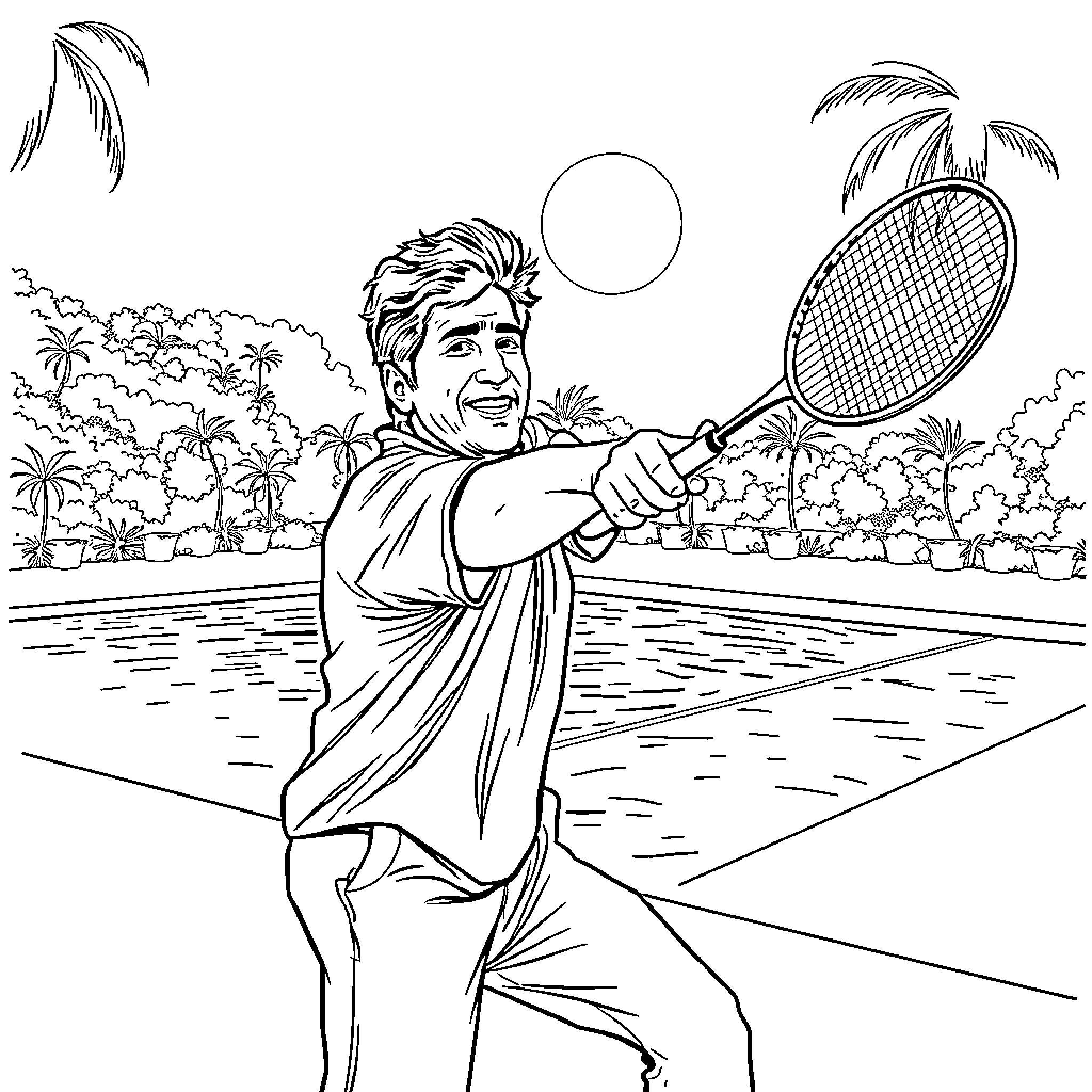 Sachin Tendulkar playing tennis on tropical court Coloring Page (free black-and-white line drawing printable PDF for all, from beginners to advanced learners, including children, teens, adults, and seniors)