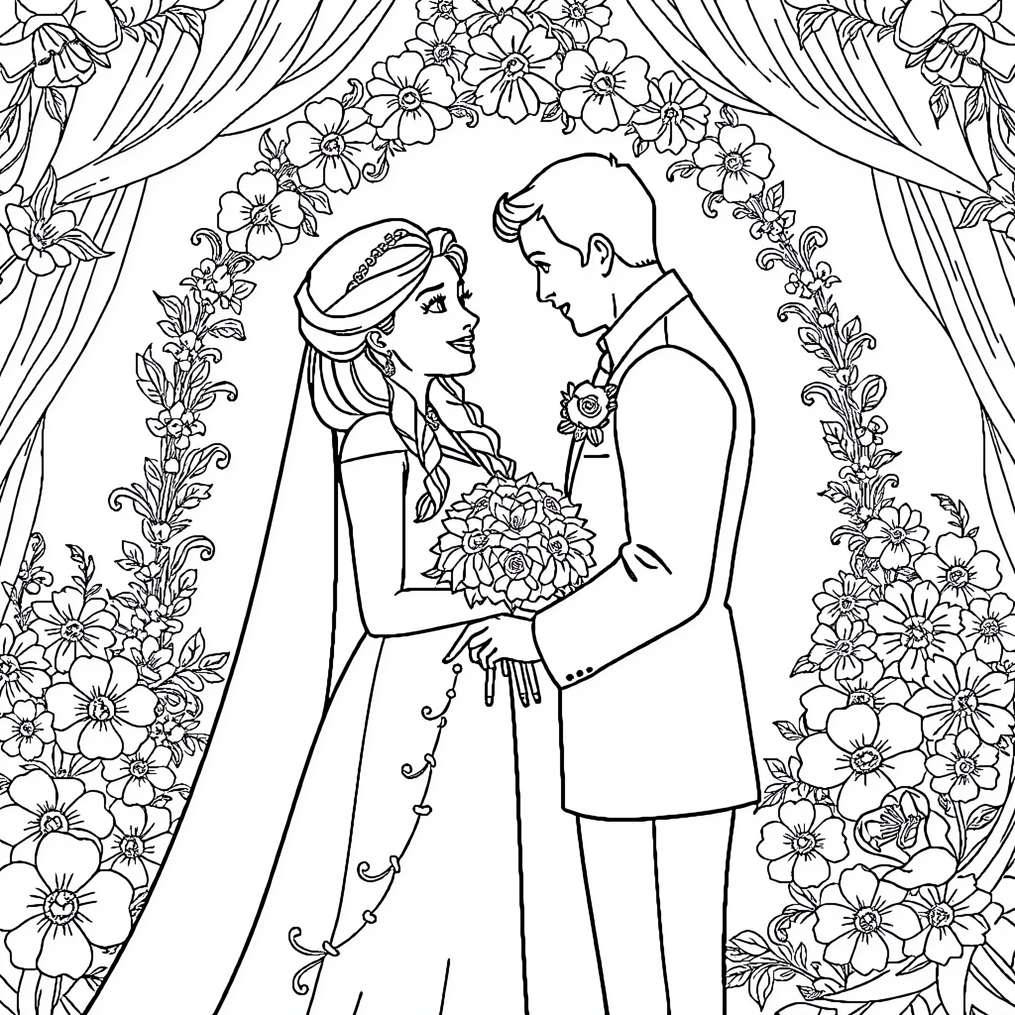Elsa's Enchanting Wedding Celebration Coloring Page (free black-and-white line drawing printable PDF for all, from beginners to advanced learners, including children, teens, adults, and seniors)