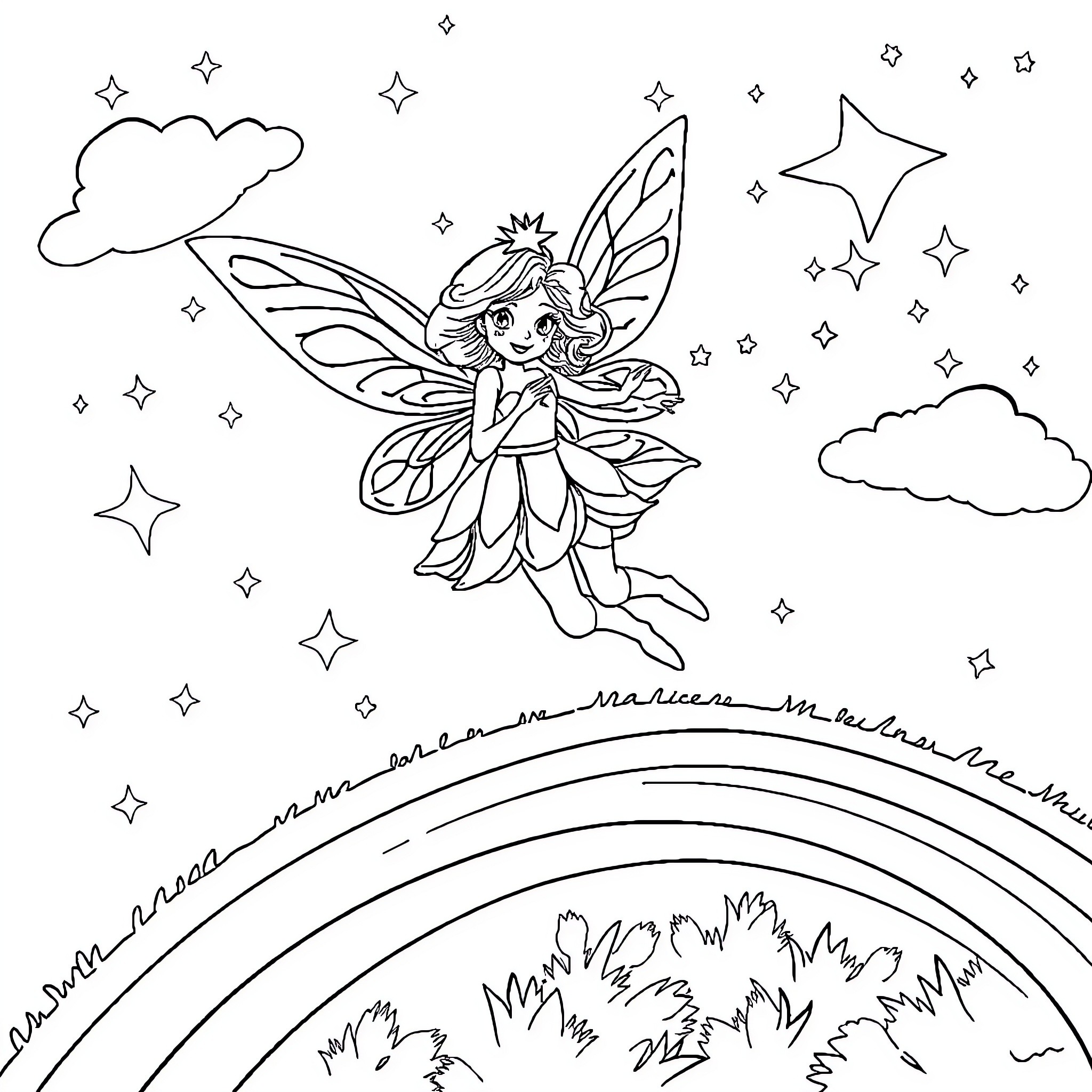 Fairy flying joyfully amidst sparkling stars and clouds Coloring Page (free black-and-white line drawing printable PDF for all, from beginners to advanced learners, including children, teens, adults, and seniors)