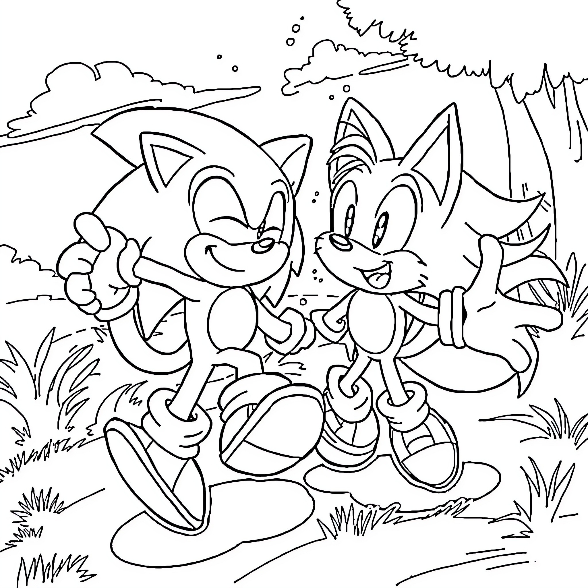 Sonic and friends exploring the outdoors Coloring Page (free black-and-white line drawing printable PDF for all, from beginners to advanced learners, including children, teens, adults, and seniors)
