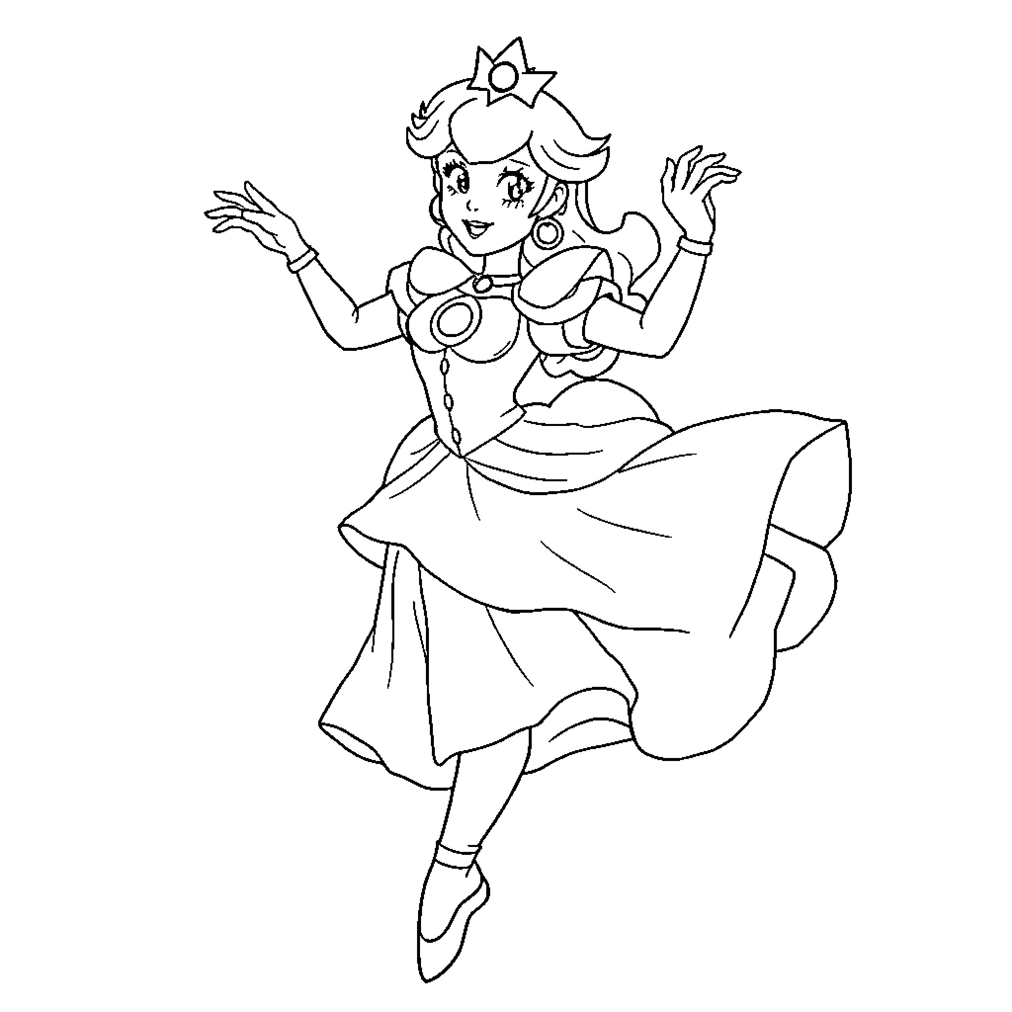 Princess Peach dancing in a flowing dress Coloring Page (free black-and-white line drawing printable PDF for all, from beginners to advanced learners, including children, teens, adults, and seniors)