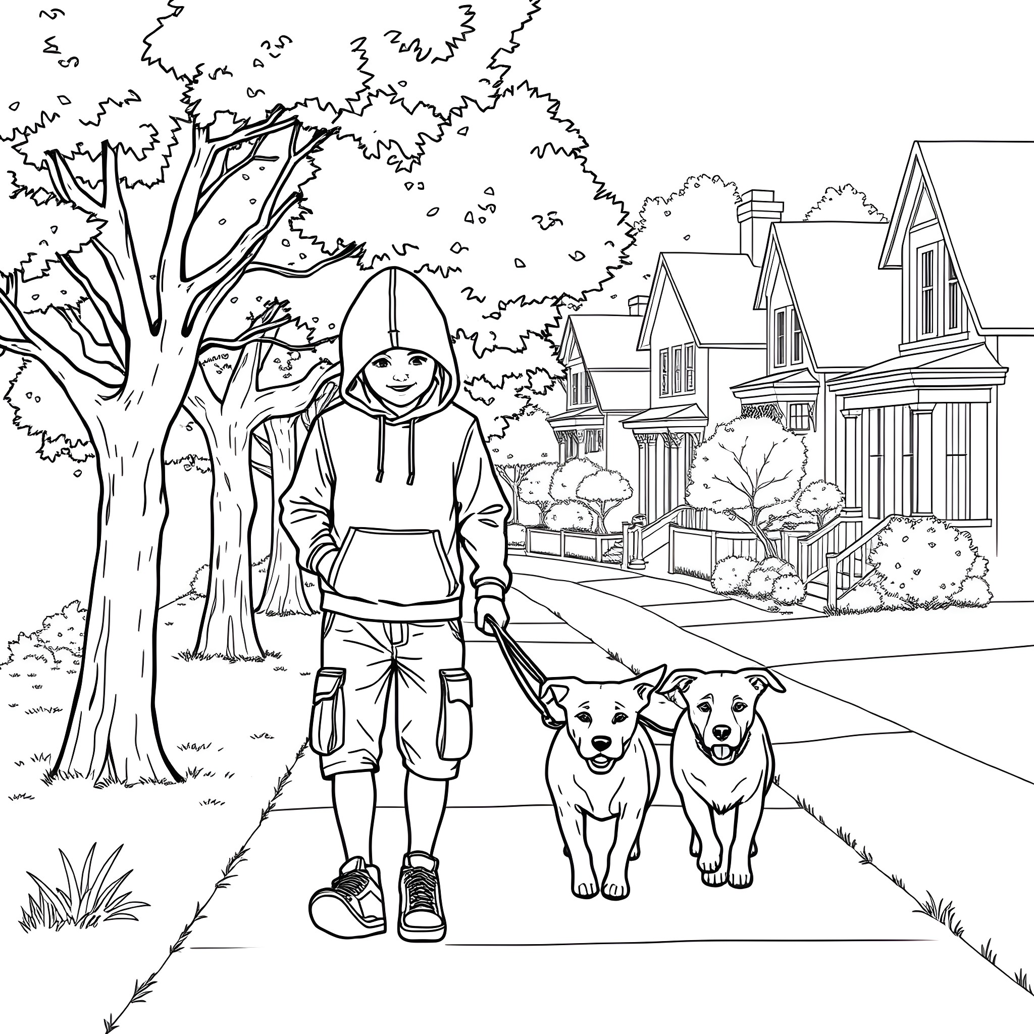Teen Boy Walking Dogs in Neighborhood Coloring Page (free black-and-white line drawing printable PDF for all, from beginners to advanced learners, including children, teens, adults, and seniors)