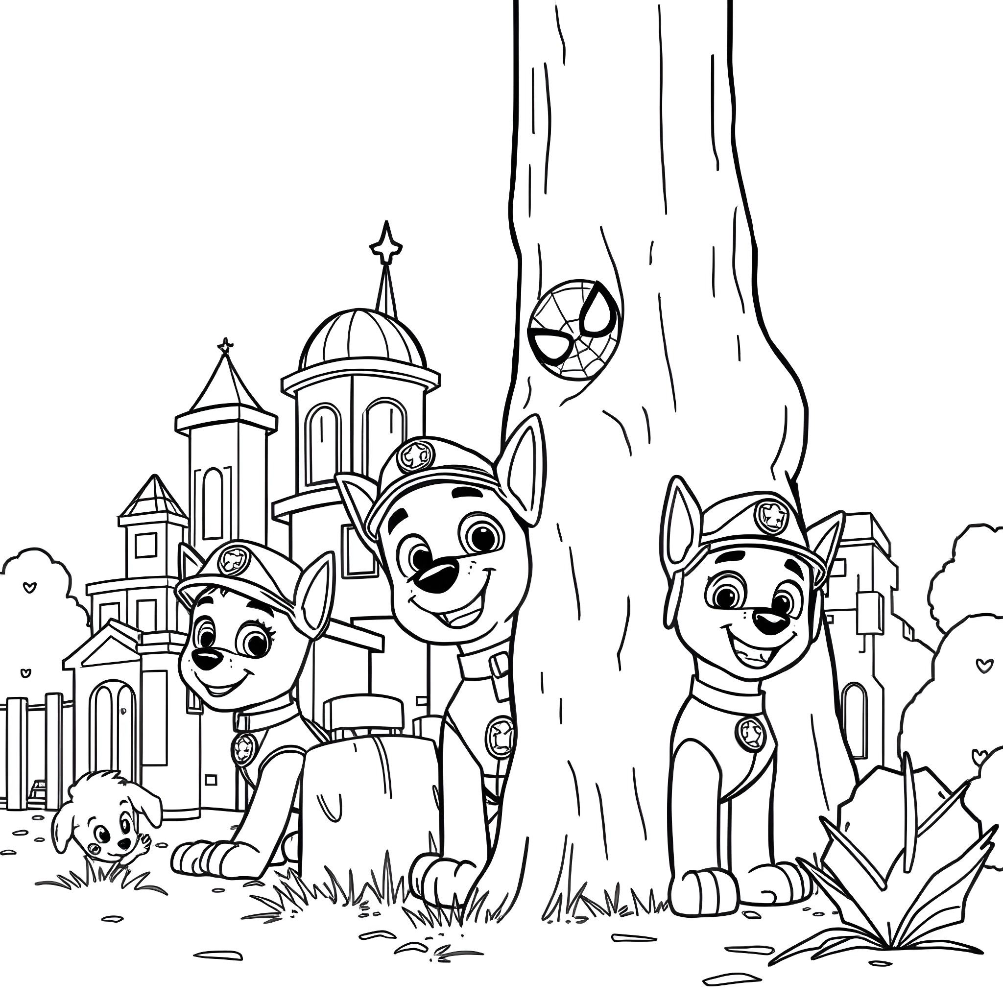Paw Patrol characters in an adventure scene Coloring Page (free black-and-white line drawing printable PDF for all, from beginners to advanced learners, including children, teens, adults, and seniors)