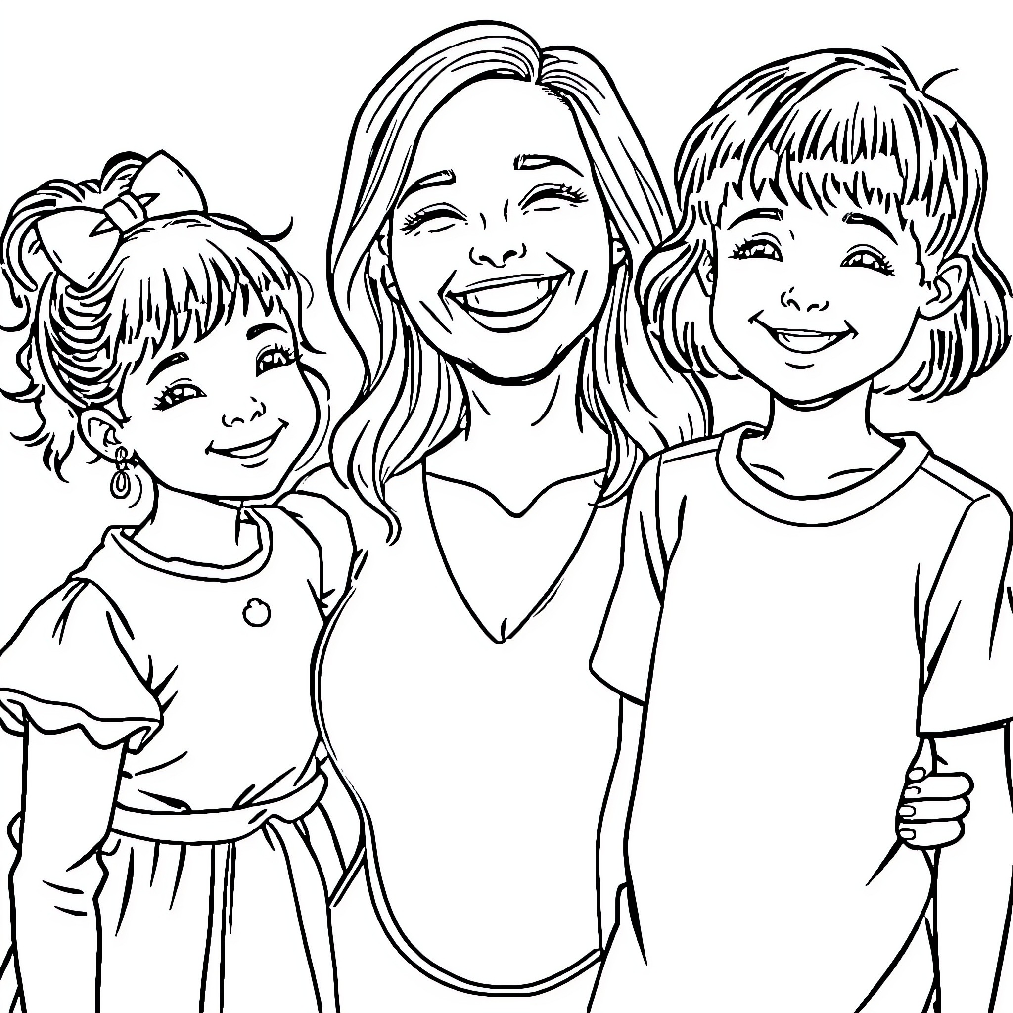 Mother and children happily together Coloring Page (free black-and-white line drawing printable PDF for all, from beginners to advanced learners, including children, teens, adults, and seniors)