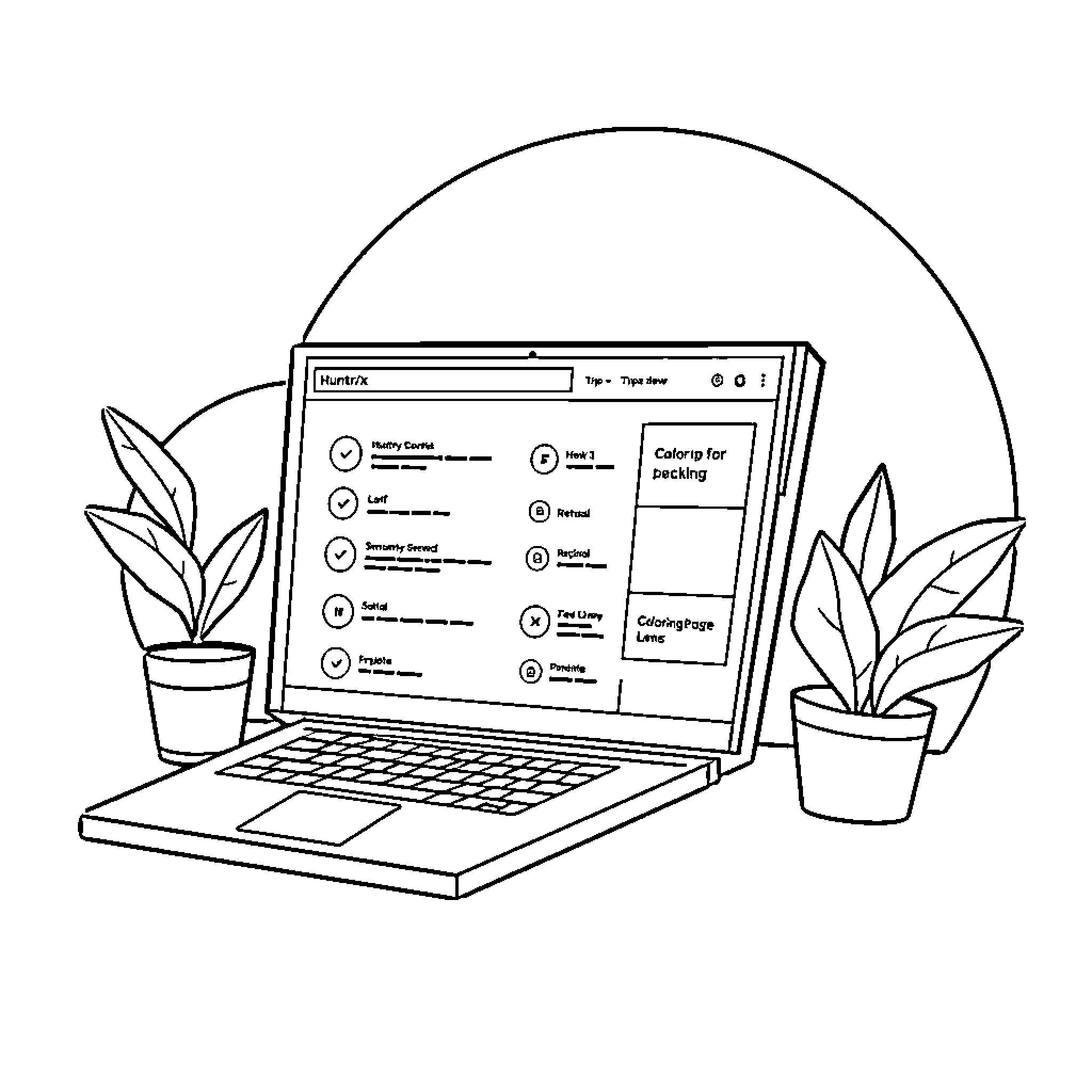 HUNTR/X - Laptop with coloring application interface Coloring Page (free black-and-white line drawing printable PDF for all, from beginners to advanced learners, including children, teens, adults, and seniors)