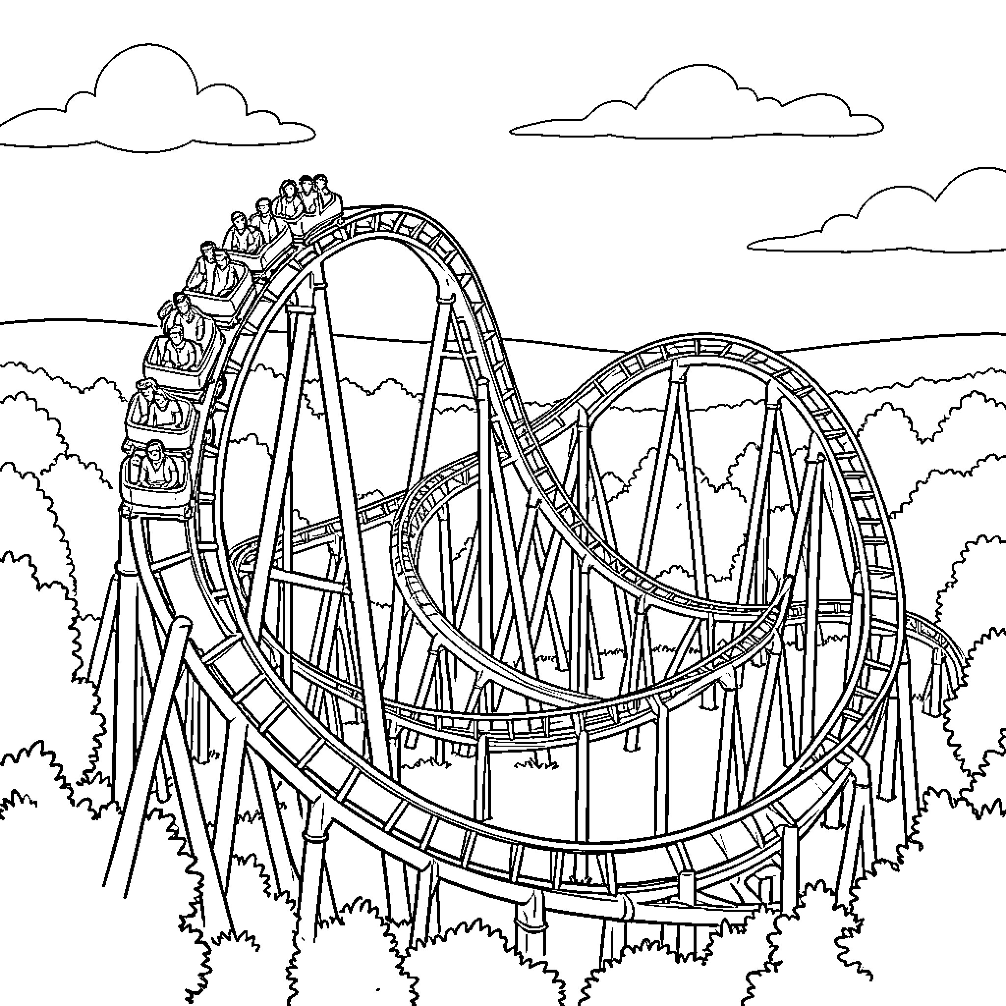 Smiler riding a roller coaster through a forest Coloring Page (free black-and-white line drawing printable PDF for all, from beginners to advanced learners, including children, teens, adults, and seniors)