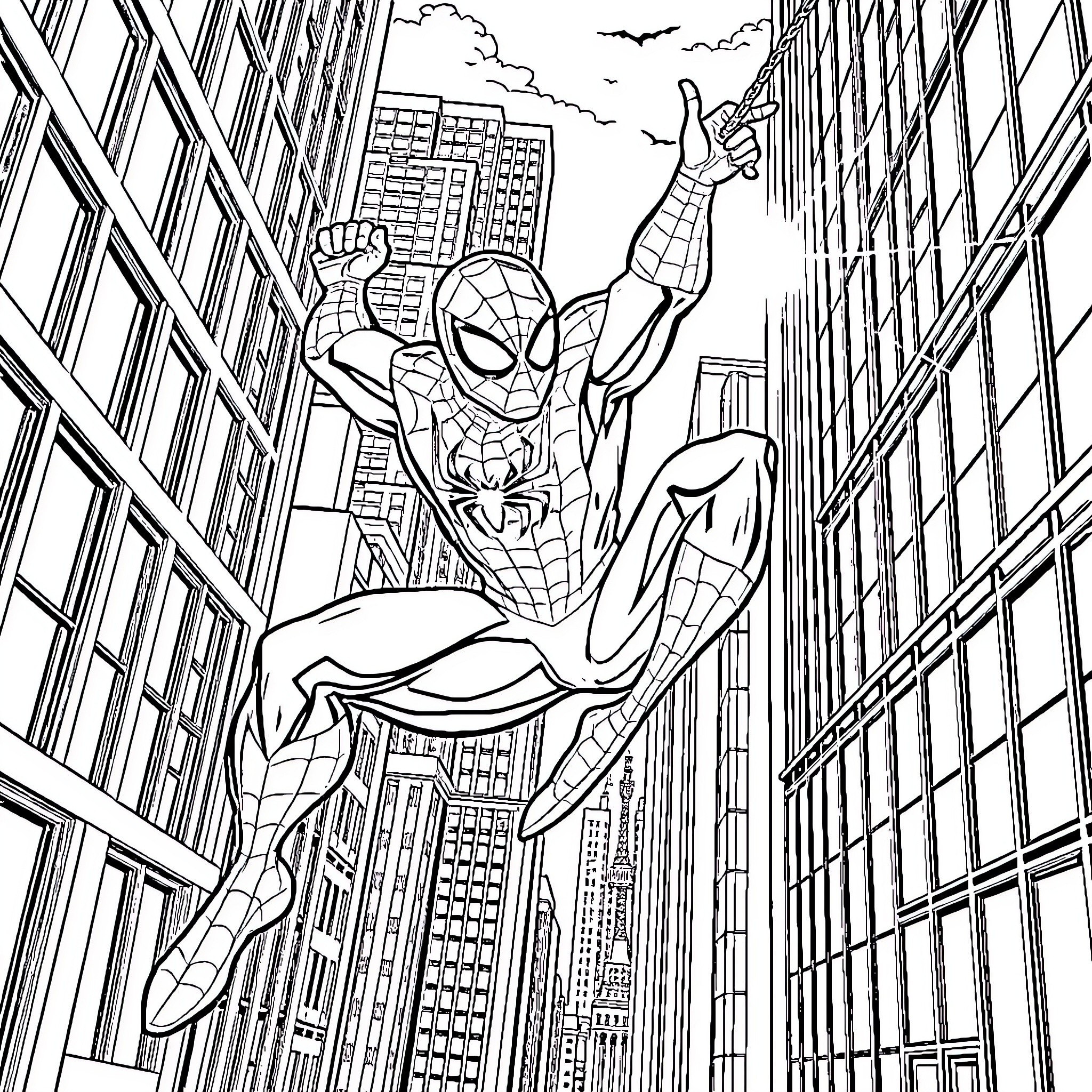 Spiderman swinging through a towering cityscape Coloring Page (free black-and-white line drawing printable PDF for all, from beginners to advanced learners, including children, teens, adults, and seniors)