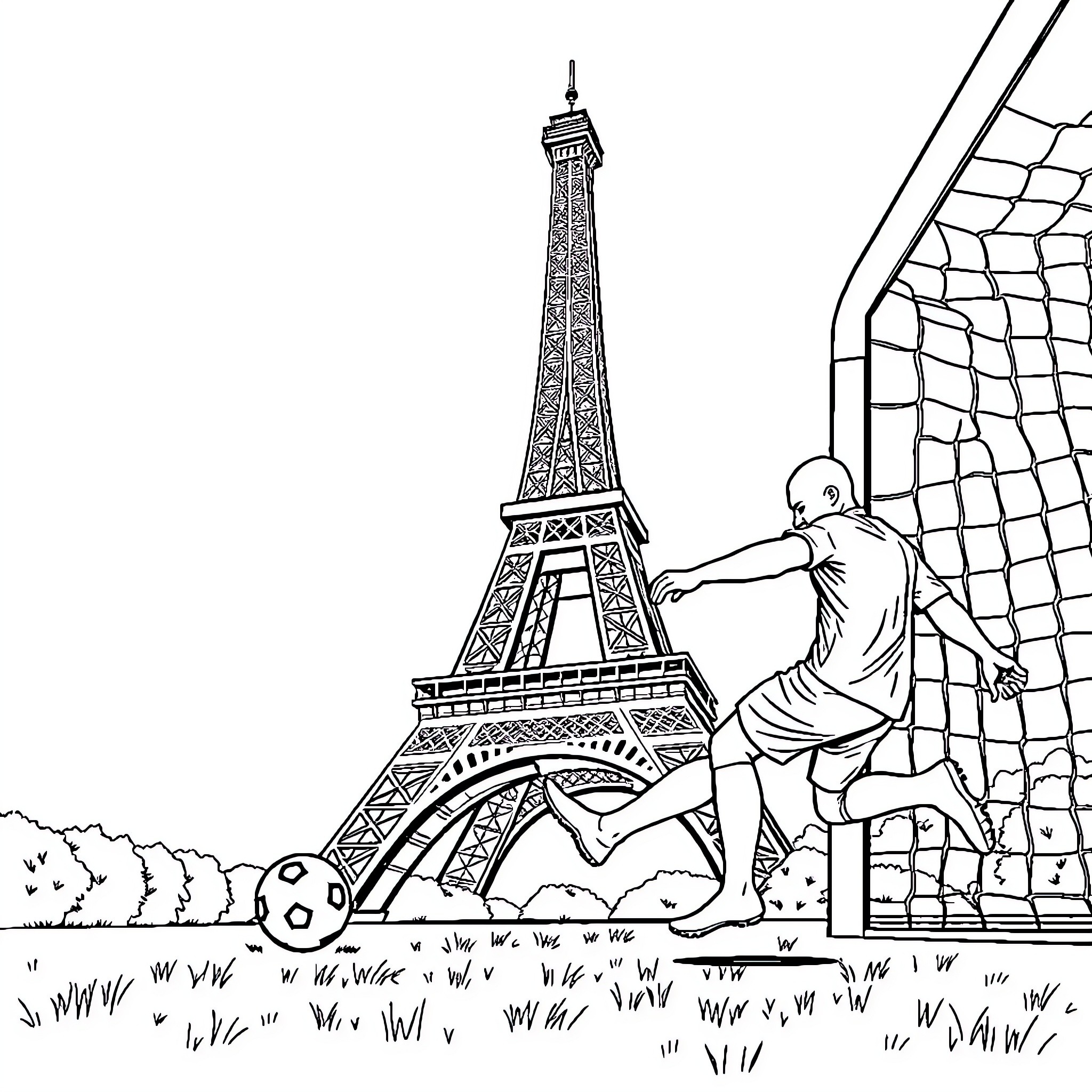 Soccer Player Kicking Ball Near Eiffel Tower Coloring Page (free black-and-white line drawing printable PDF for all, from beginners to advanced learners, including children, teens, adults, and seniors)