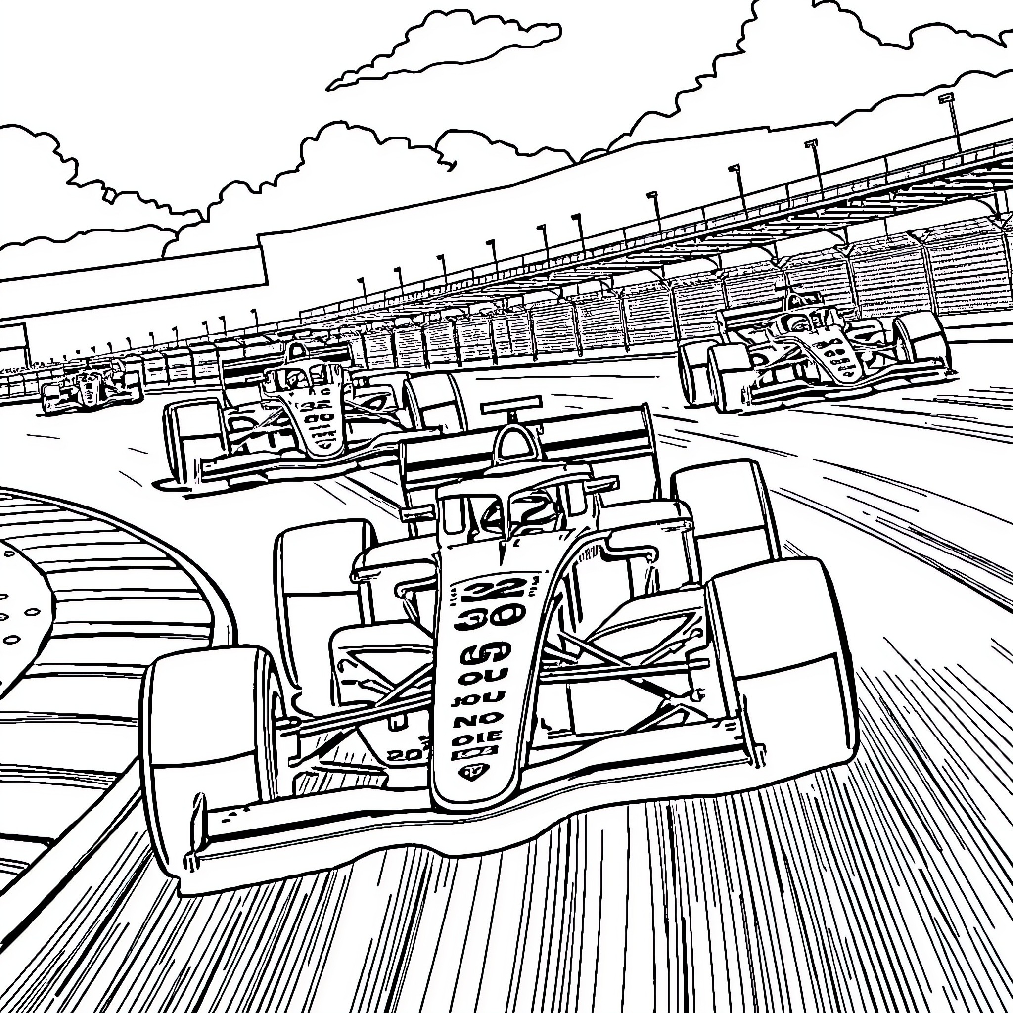 Formula 1 Racers Speeding Through the Circuit Coloring Page (free black-and-white line drawing printable PDF for all, from beginners to advanced learners, including children, teens, adults, and seniors)