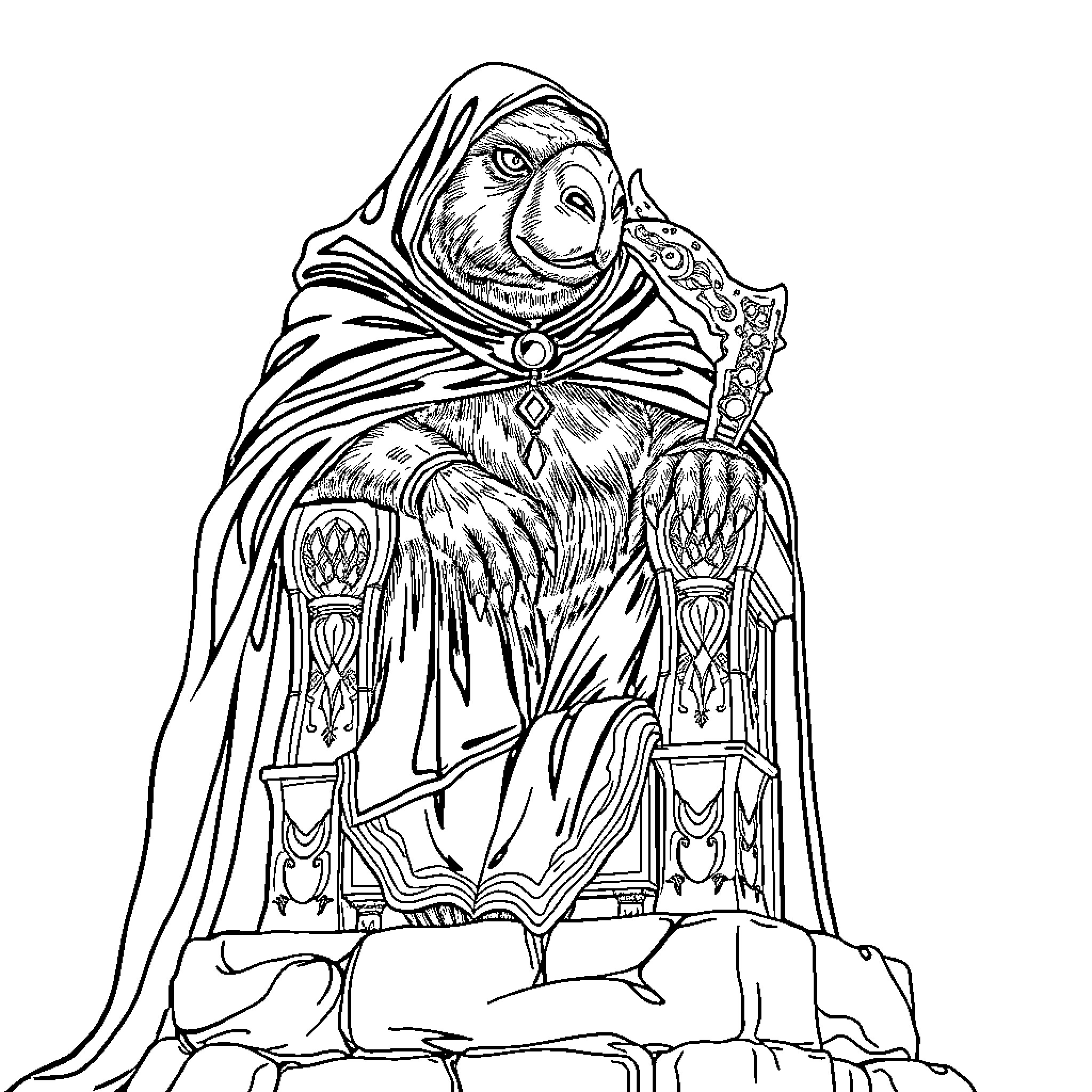 Raven Shaman in Ceremonial Regalia Coloring Page (free black-and-white line drawing printable PDF for all, from beginners to advanced learners, including children, teens, adults, and seniors)