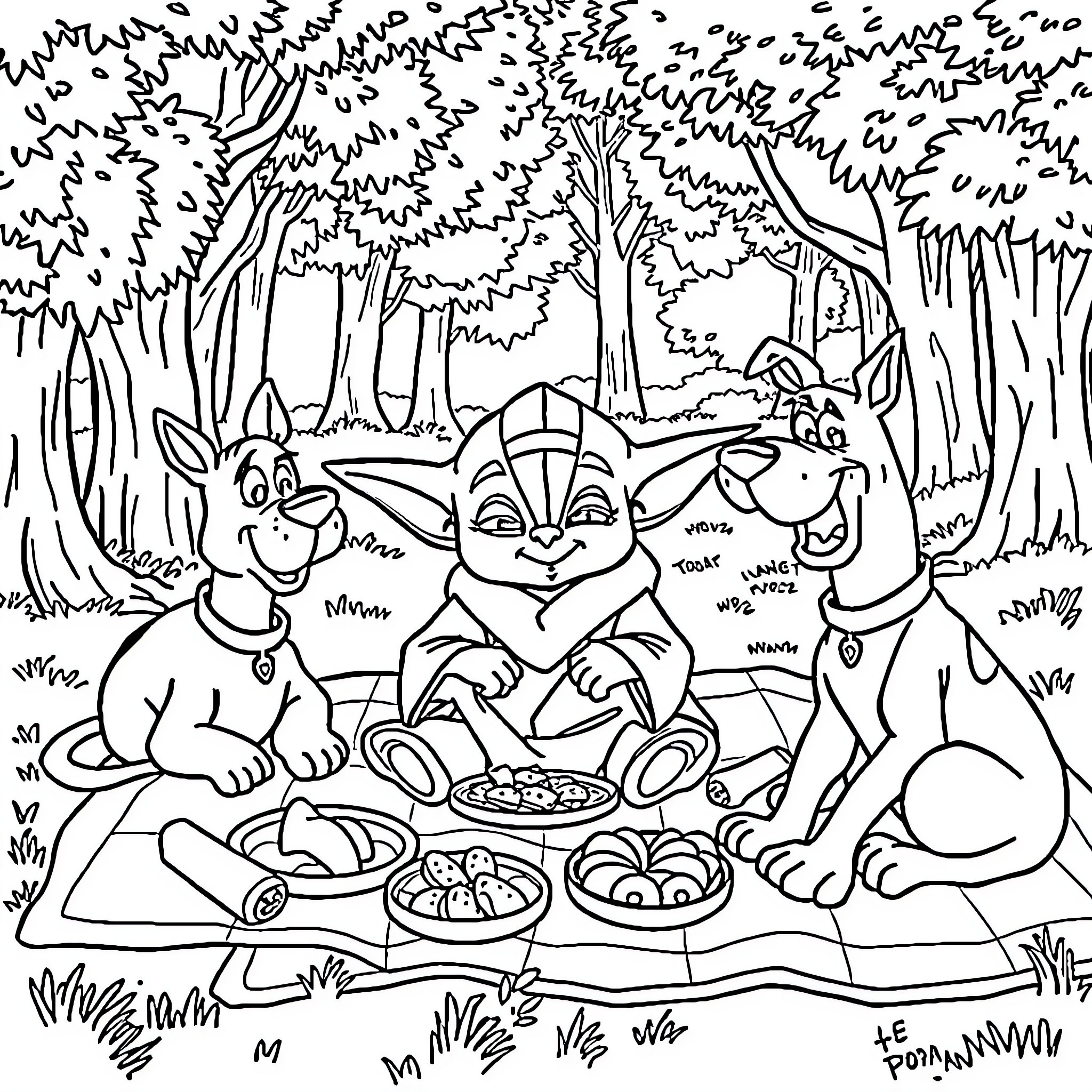 Yoda and friends enjoy a picnic in the forest Coloring Page (free black-and-white line drawing printable PDF for all, from beginners to advanced learners, including children, teens, adults, and seniors)